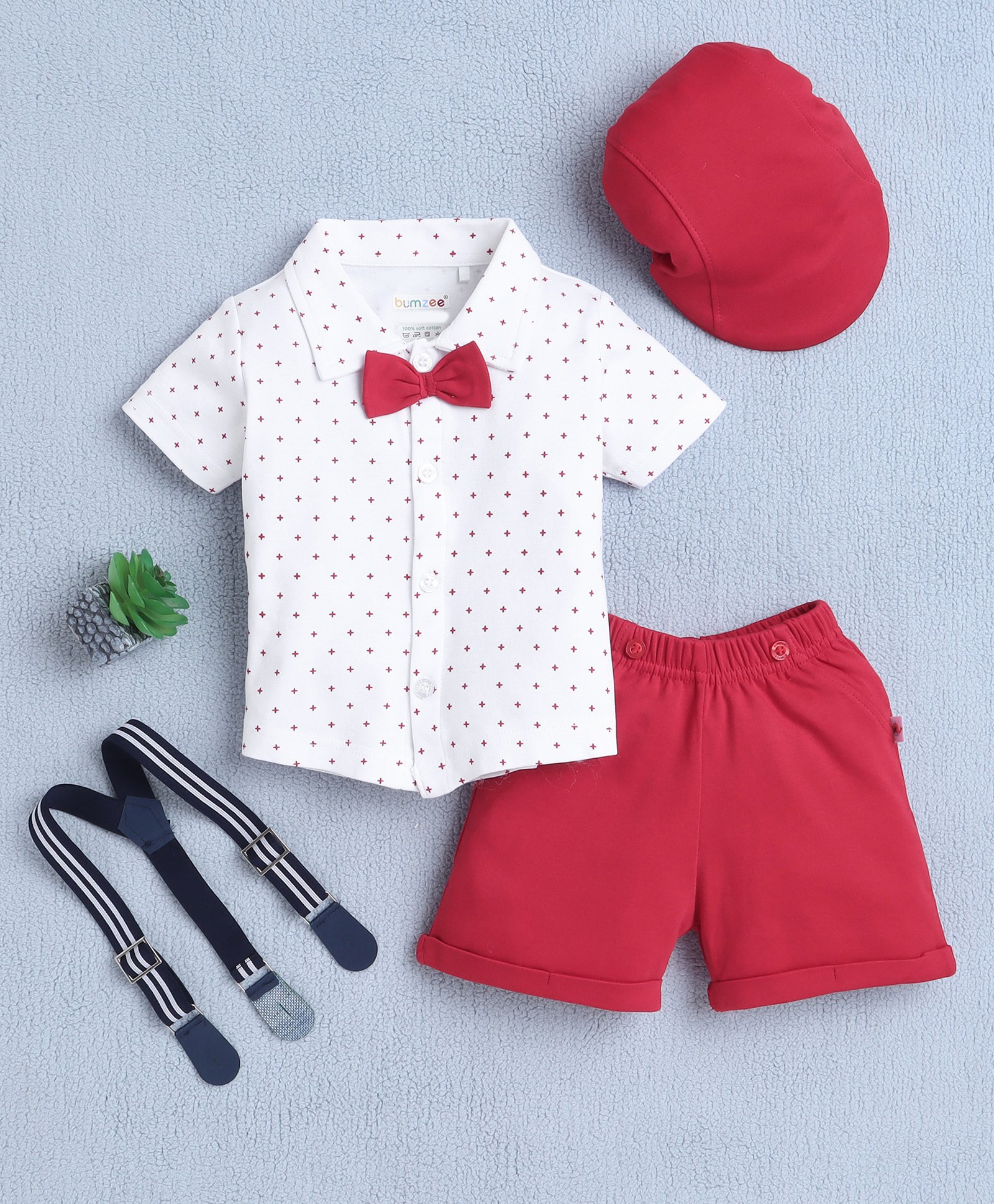 BUMZEE Cotton Half Sleeves Stars Printed Shirt Shorts With Suspender Bow & Cap Set - White & Red-picture-12