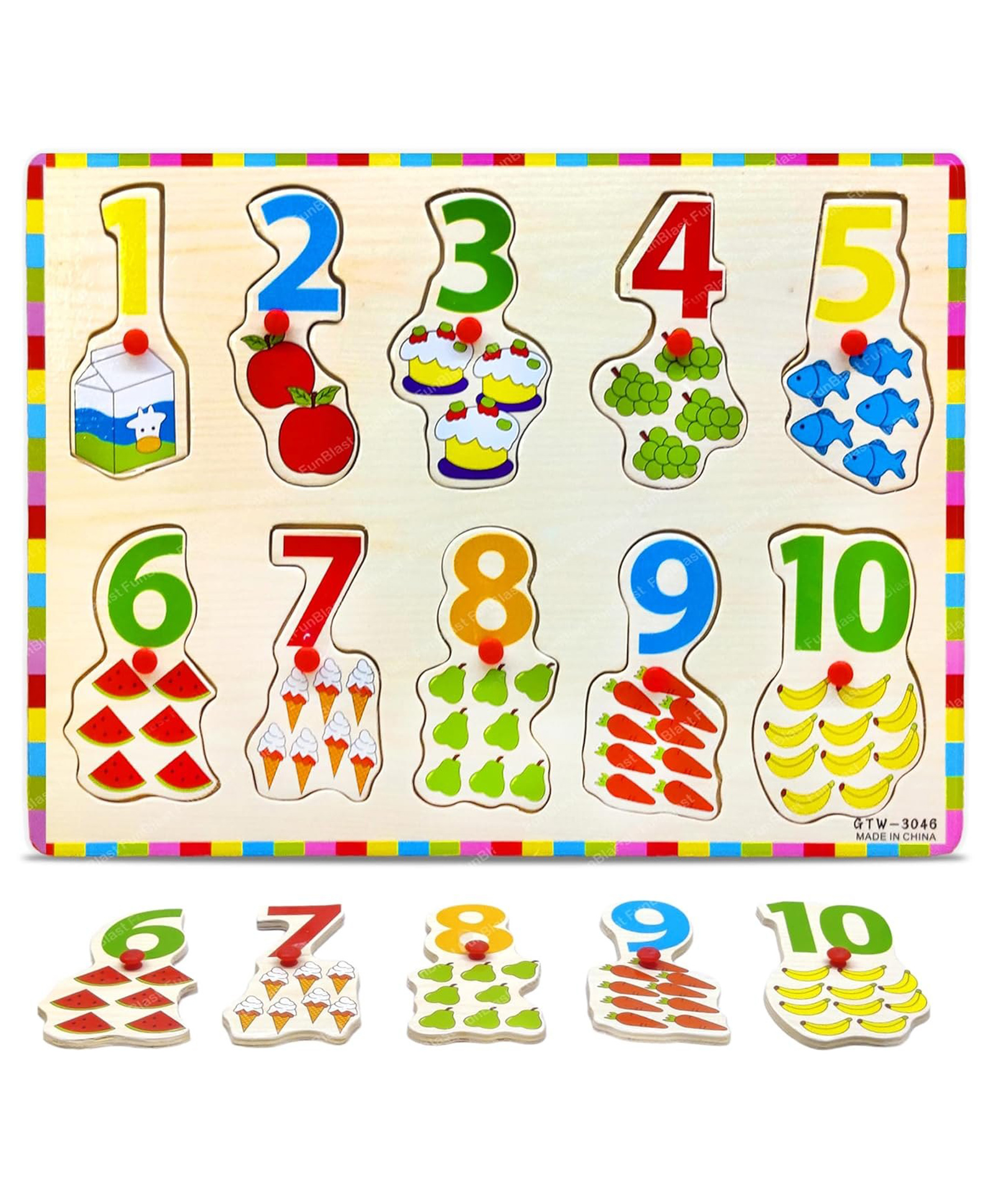 Bunie Number Learning Wooden Board with Knobs for Kids1 To 10 Multicolor-image-4