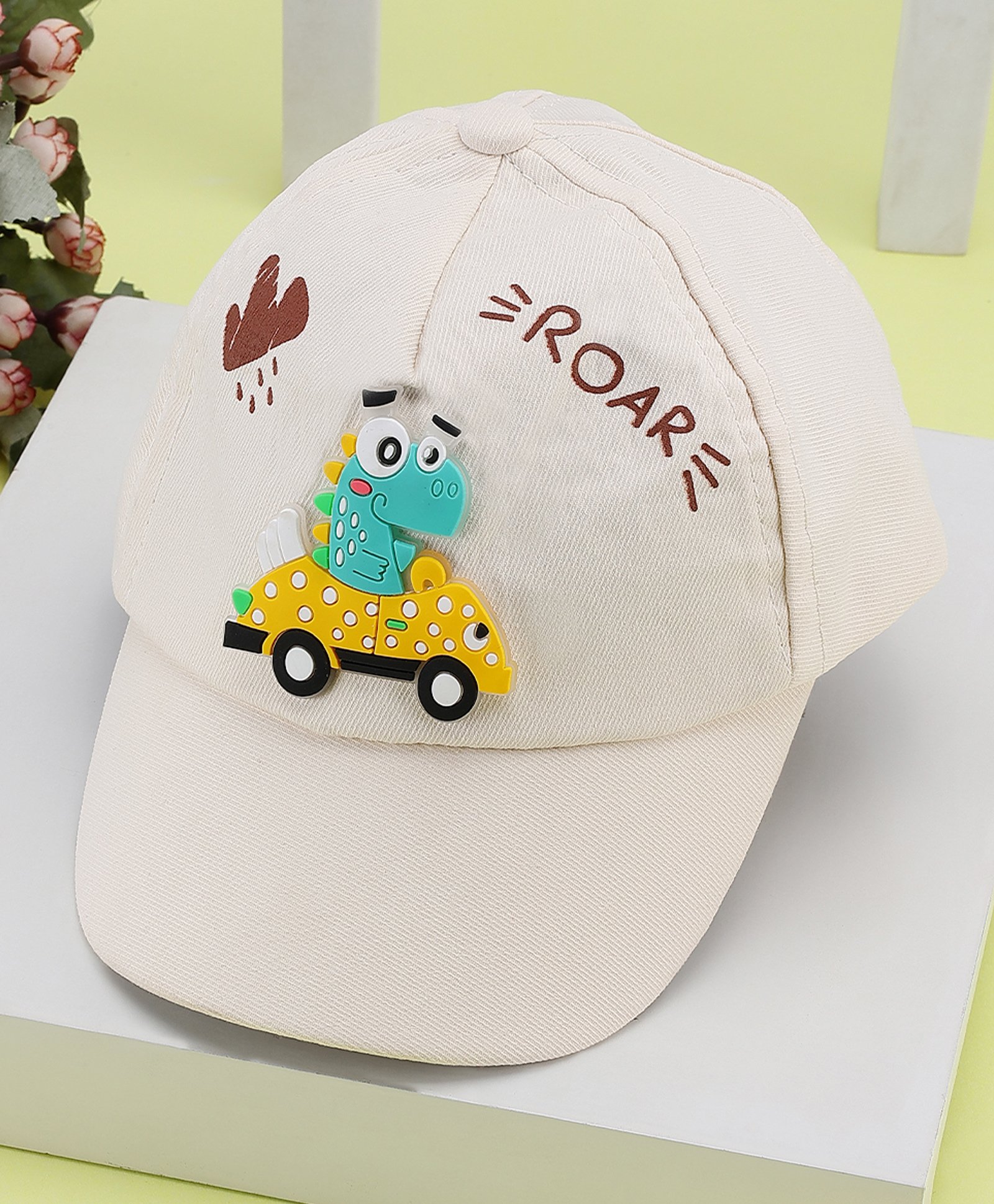 PASSION PETALS Cotton Dinosaur Applique Detailed Summer Cap - Beige