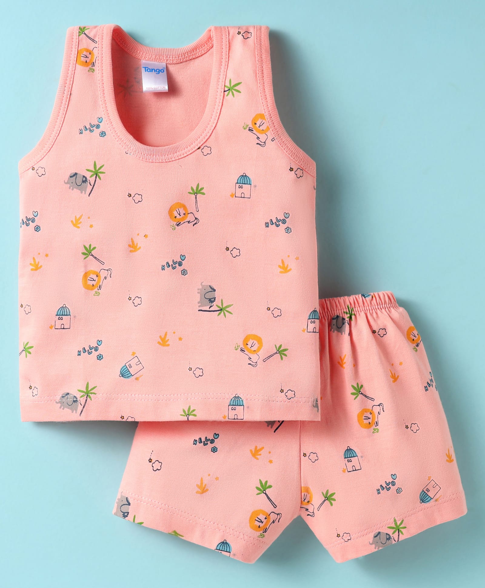 Tango Single Jersey Knit Sleeveless Shorts Night Suit with Jungle Theme Print - Peach-picture-28