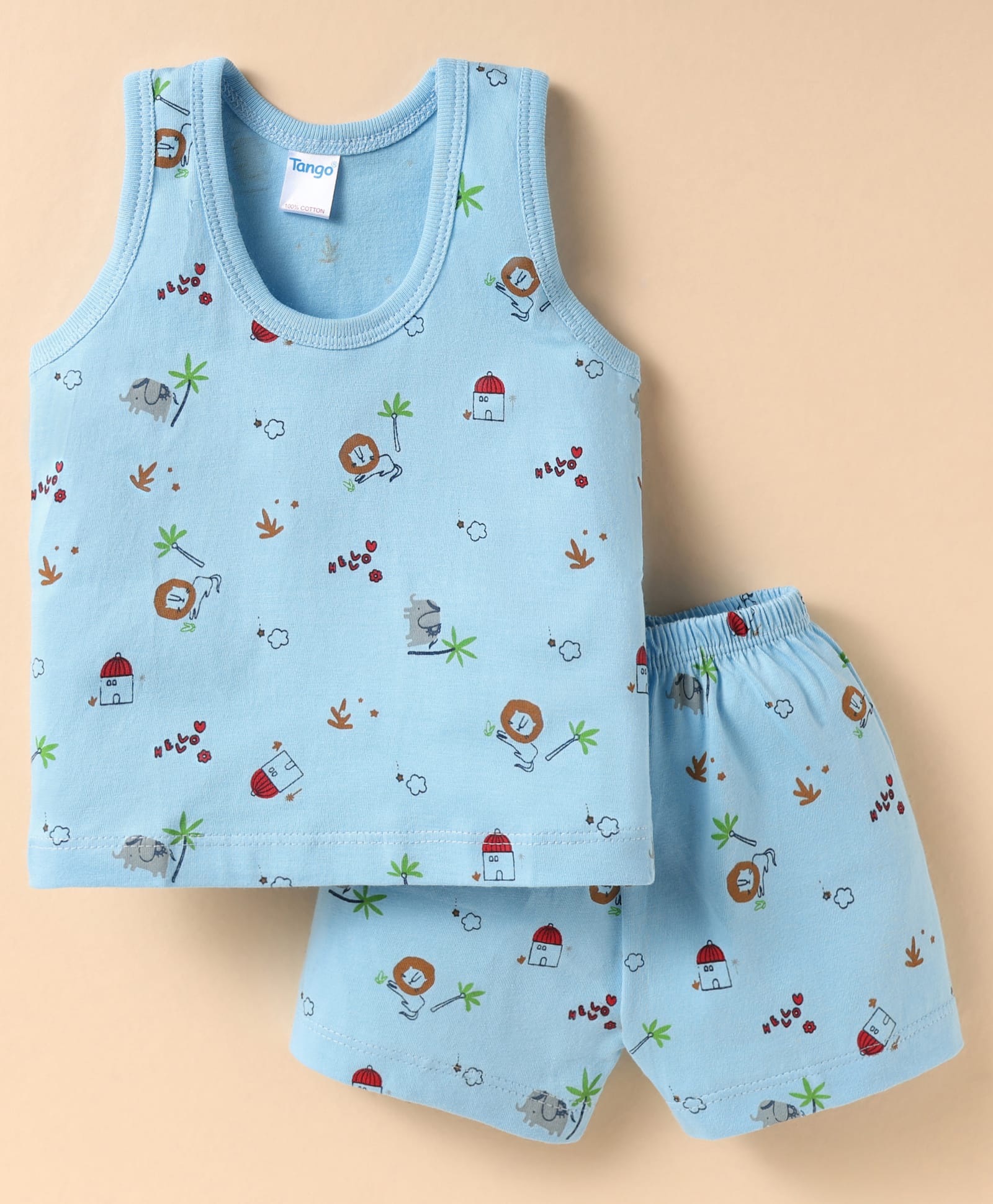 Tango Single Jersey Knit Sleeveless Shorts Night Suit with Jungle Theme Print - Light Blue-picture-26