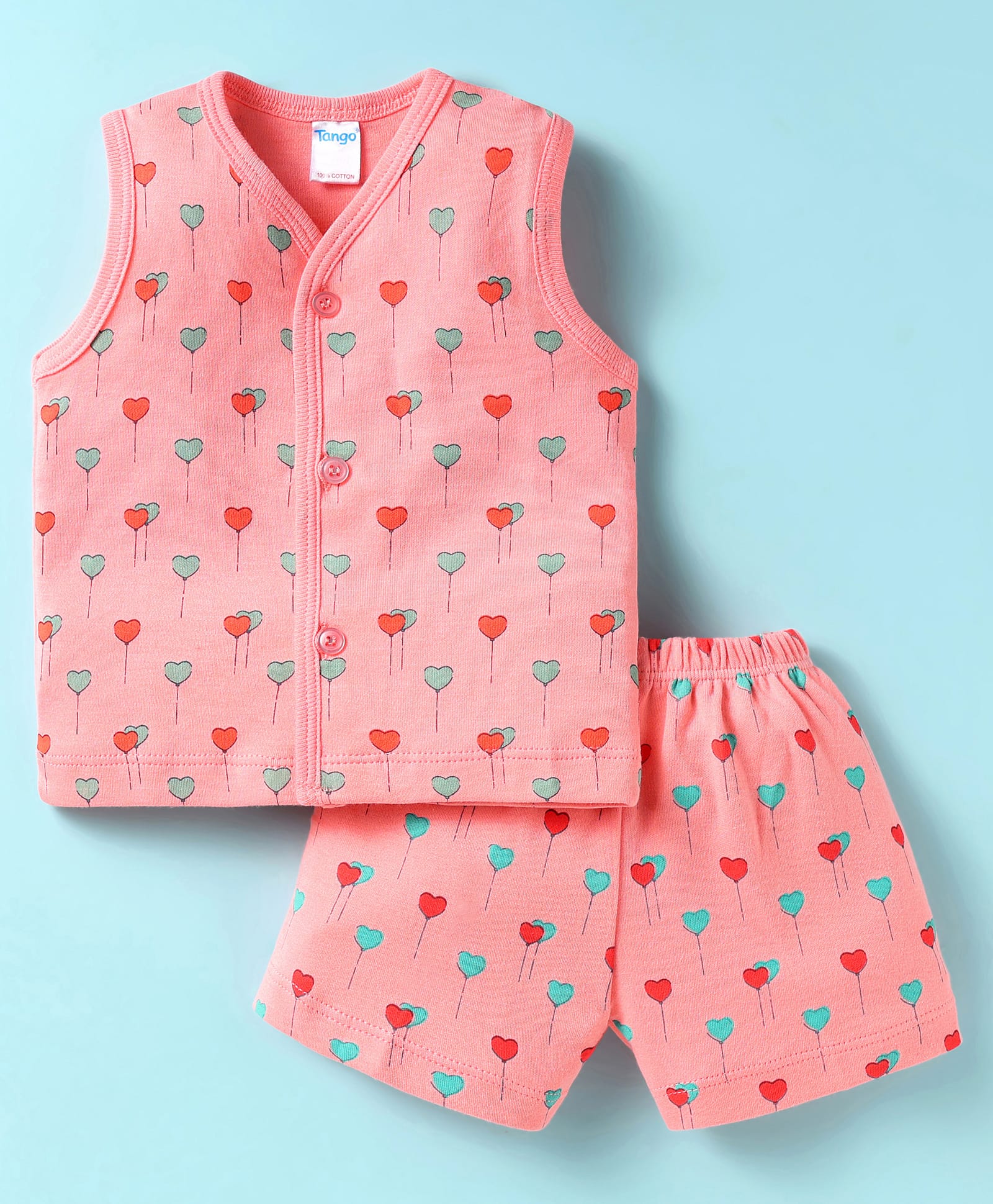 Tango Interlock Sleeveless Front Open Shorts Night Suit with Hearts Print - Coral-image-11