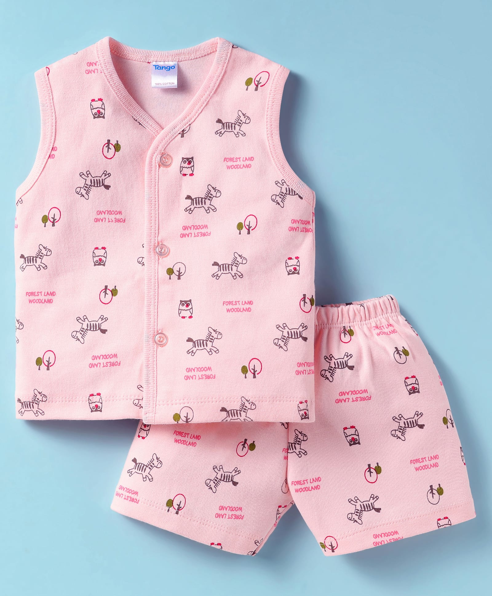Tango Interlock Sleeveless Co-ords Front Open Shorts Night Suit with Jungle Theme Print - Pink-image-20
