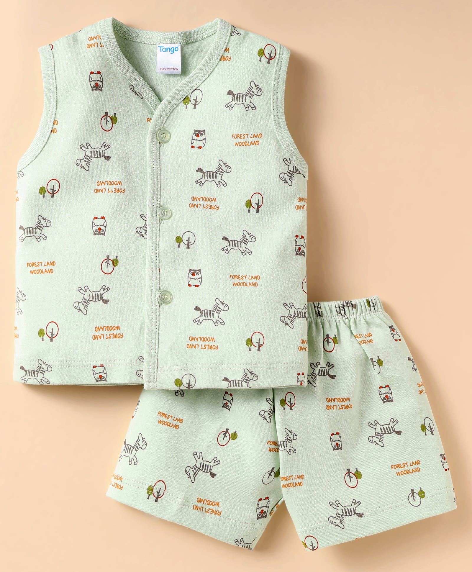 Tango Interlock Sleeveless Co-ords Front Open Shorts Night Suit with Jungle Theme Print - Light Green-image-21