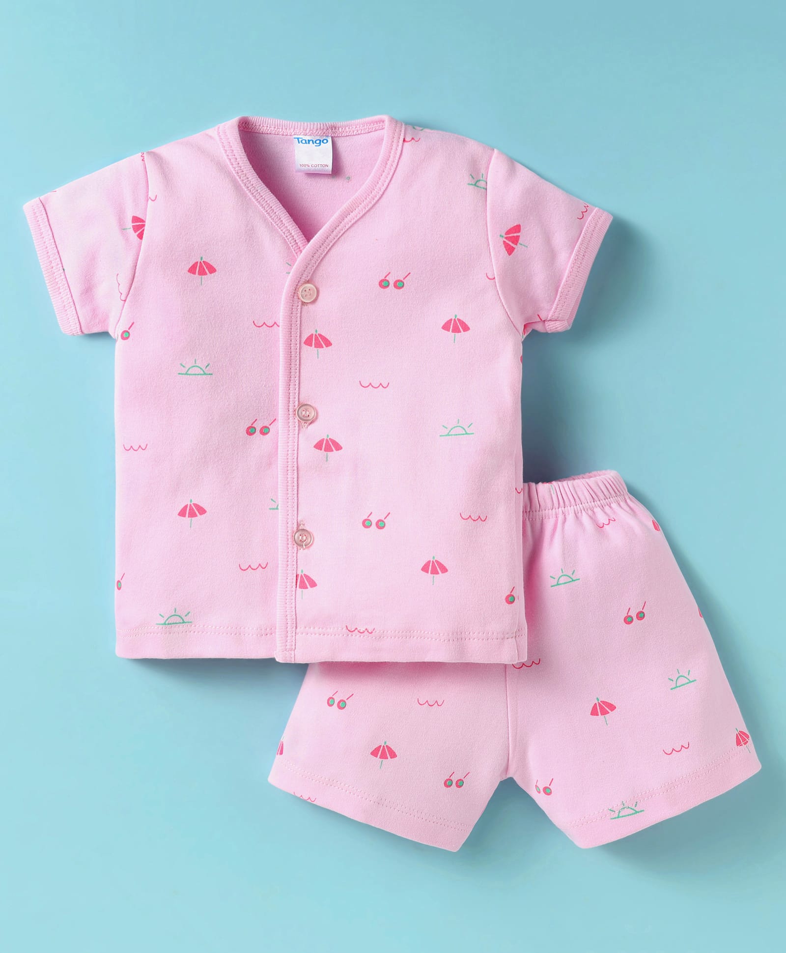 Tango Interlock Half Sleeves Co-ords Front Open Shorts Night Suit with Umbrella Print - Pink-image-19