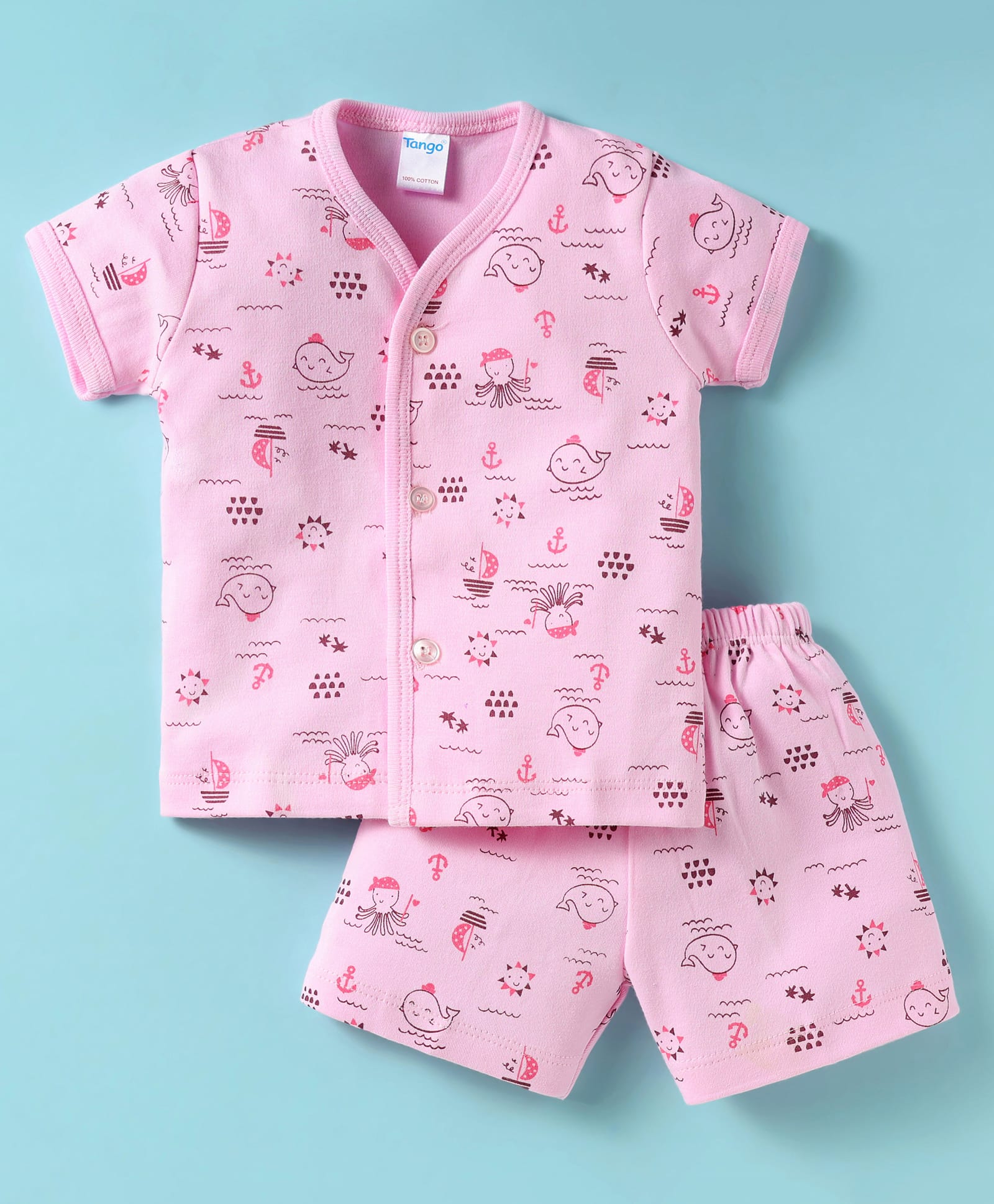 Tango Interlock Half Sleeves Co-ords Front Open Shorts Night Suit with Nautical Theme Print - Pink-image-11