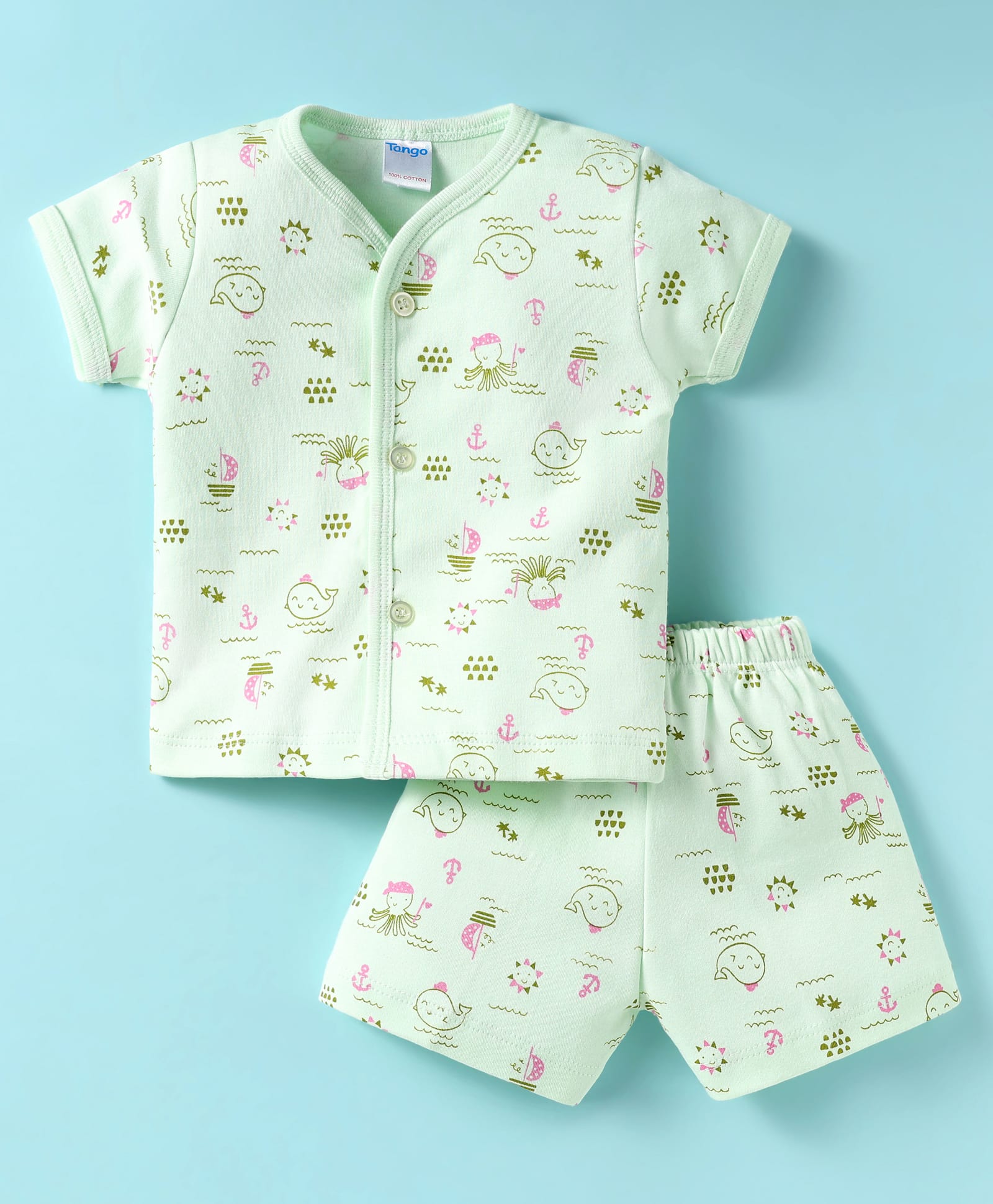 Tango Interlock Half Sleeves Co-ords Front Open Shorts Night Suit with Nautical Theme Print - Light Green-picture-17