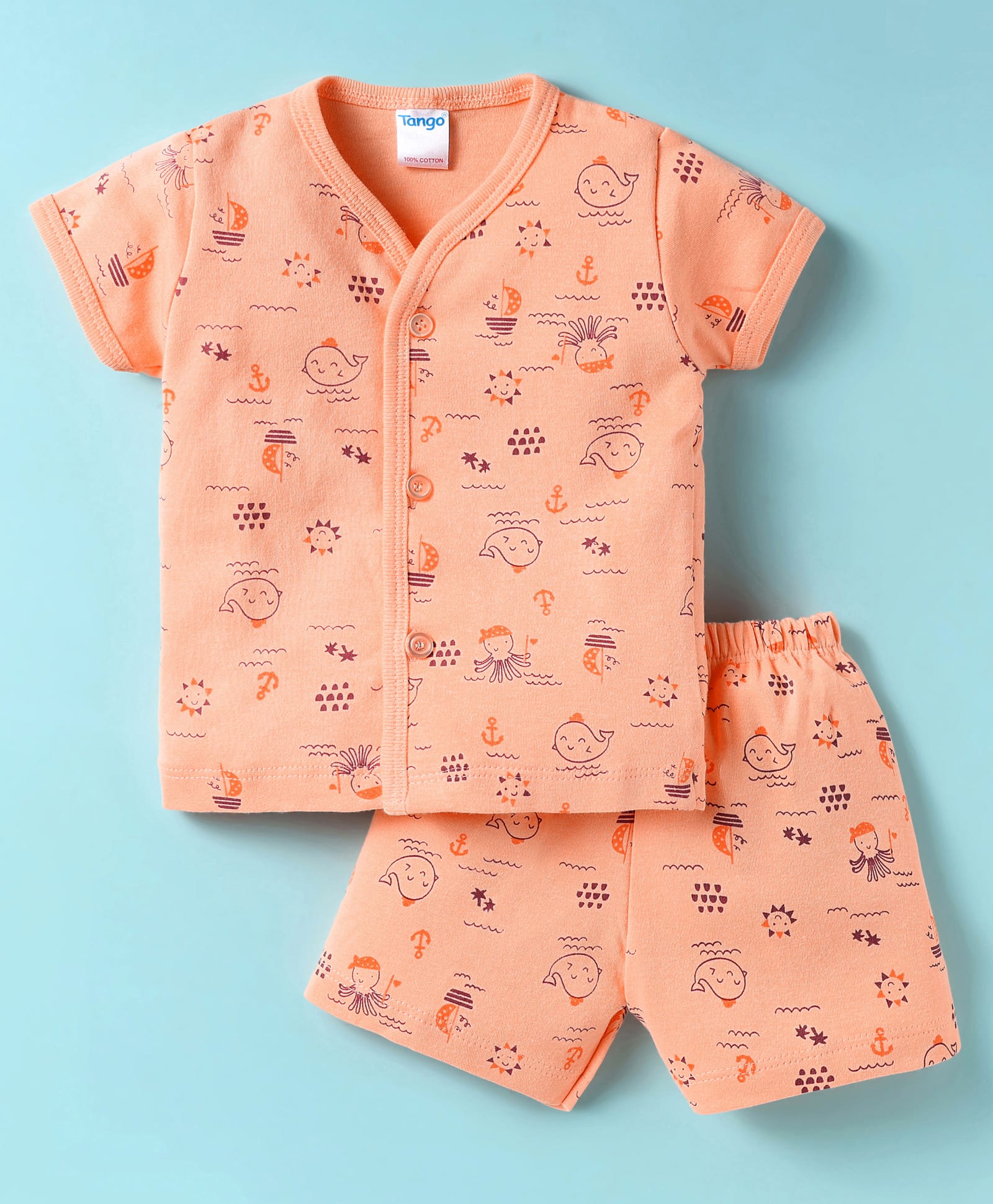 Tango Interlock Half Sleeves Co-ords Front Open Shorts Night Suit with Nautical Theme Print - Orange-picture-7