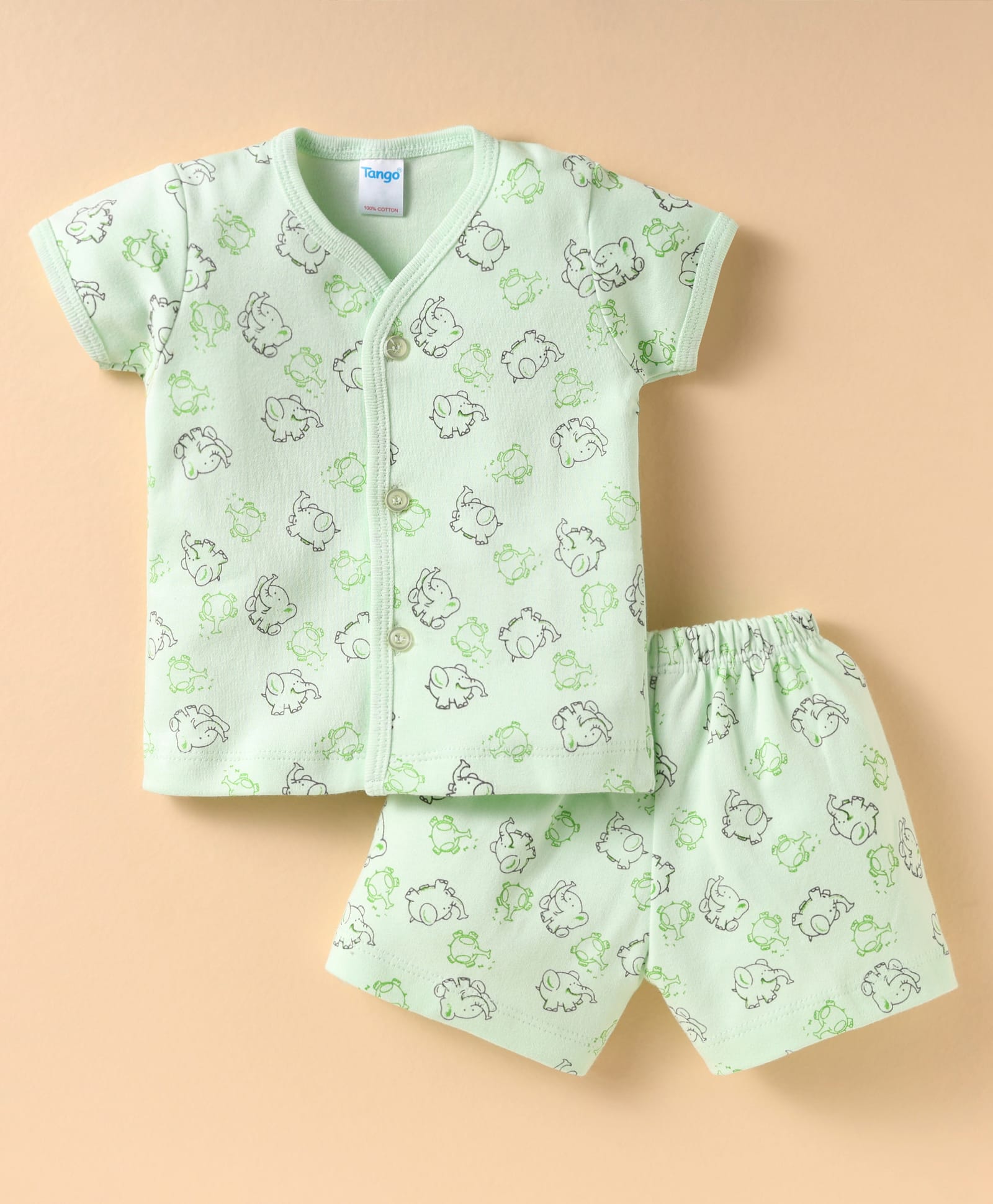 Tango Interlock Half Sleeves Co-ords Front Open Shorts Night Suit with Elephant Print - Light Green-image-22