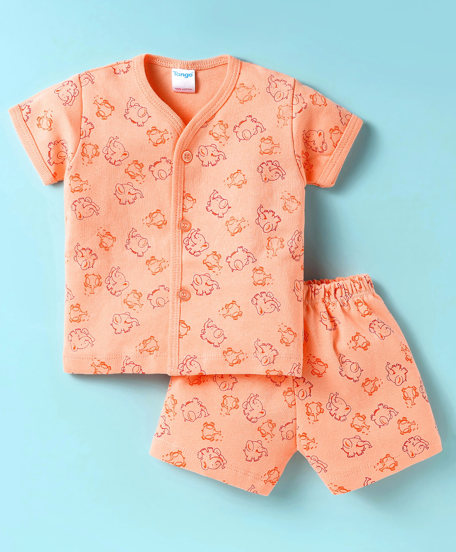 Tango Interlock Half Sleeves Co-ords Front Open Shorts Night Suit with Elephant Print - Orange-picture-23