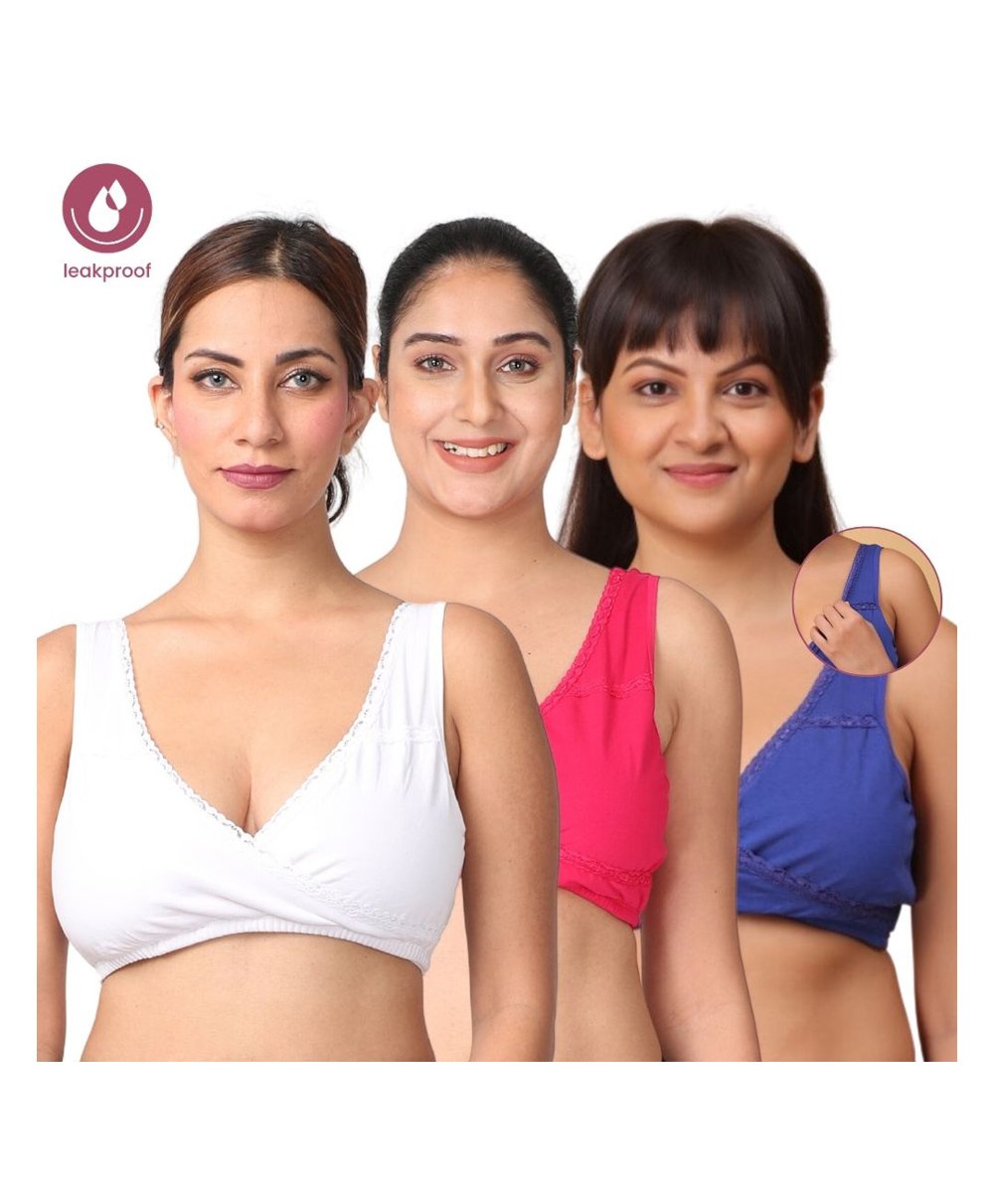 Morph Cotton Pack Of 3 Leak Proof Sleeping Bras With Pullover Nursing Access - Pink Royal Blue & White-picture-24