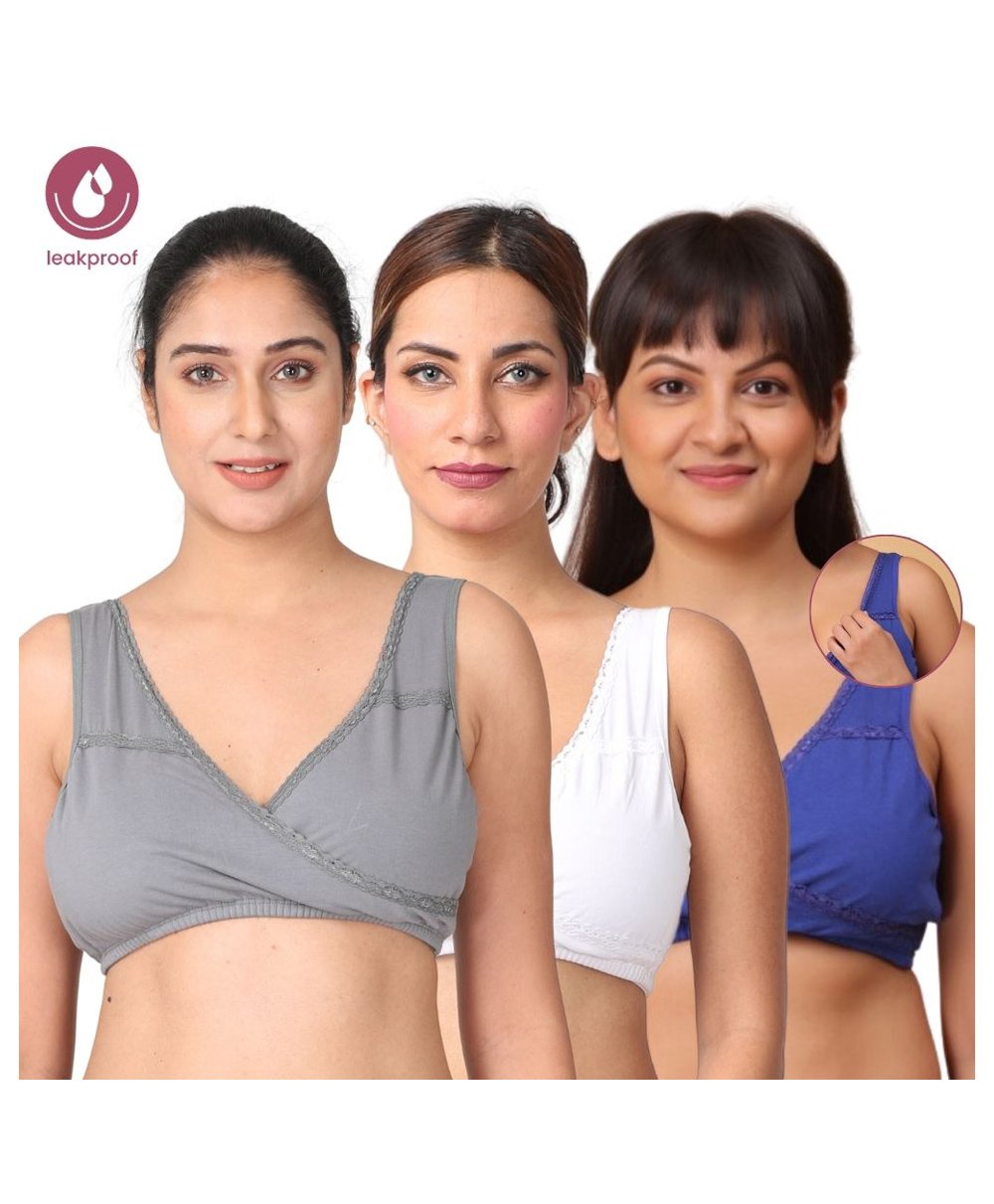Morph Cotton Pack Of 3 Leak Proof Sleeping Bras With Pullover Nursing Access - Steel Grey White & Royal Blue-image-3