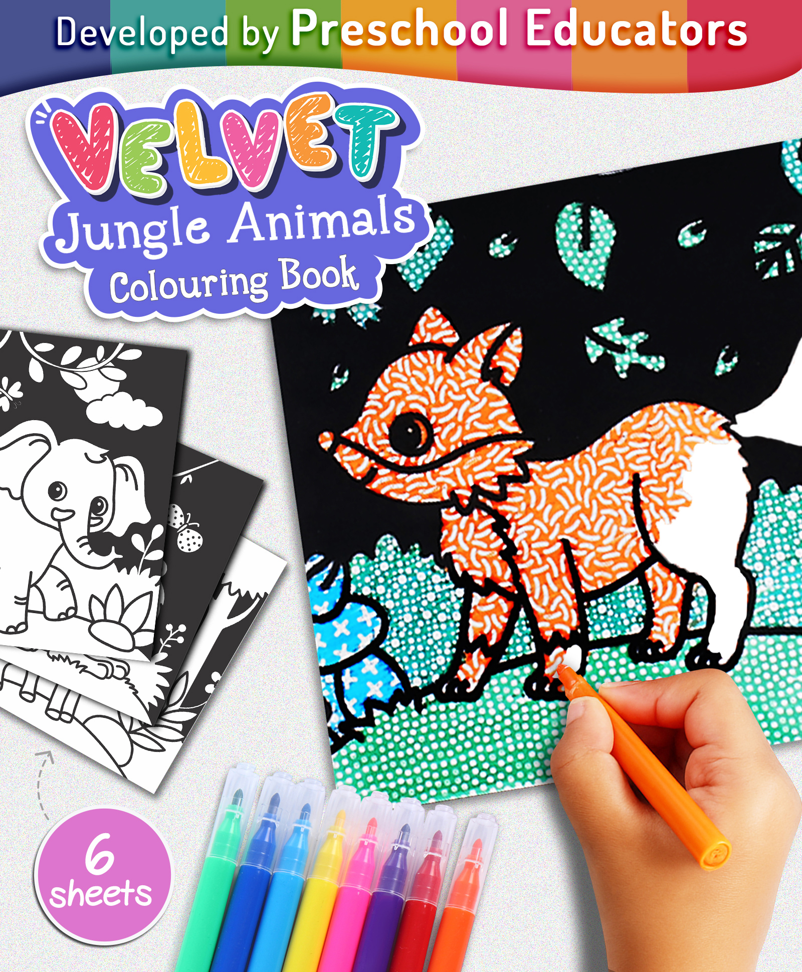 Intelliskills Velvet Jungle Animals Colouring Book for Kids | Soft-Touch Velvet & Textured Pages | Colour Recognition | Enhances Focus, Creativity & Motor Skills | For Gifting | Educator Recommended