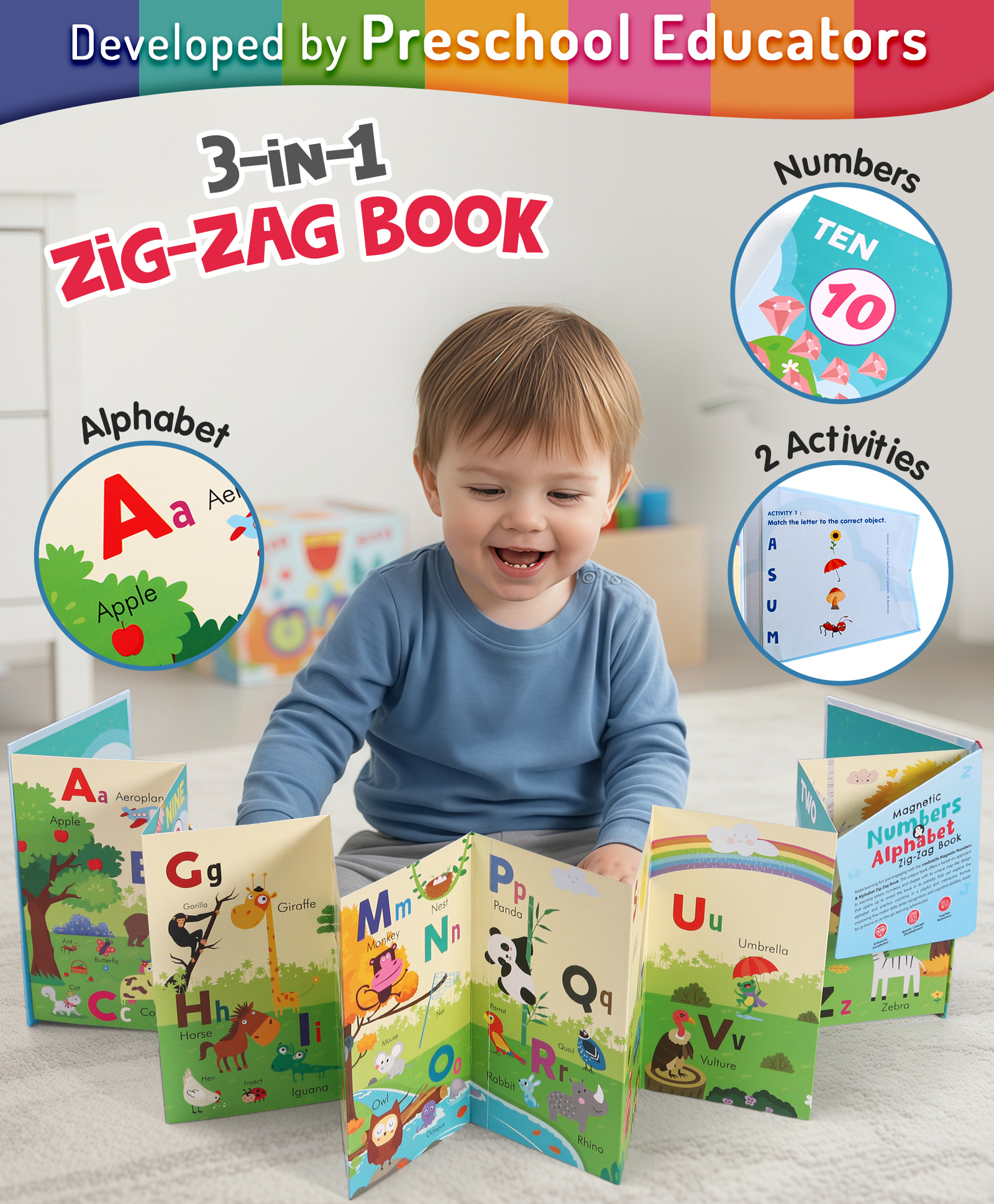 Intelliskills Magnetic Numbers & Alphabet Zig-Zag Activity Book | Learn 1234 & ABCD | Play Based Learning | Boosts Reading & Counting Skills | Colourful & Foldable | Educator Recommended | For Gifting