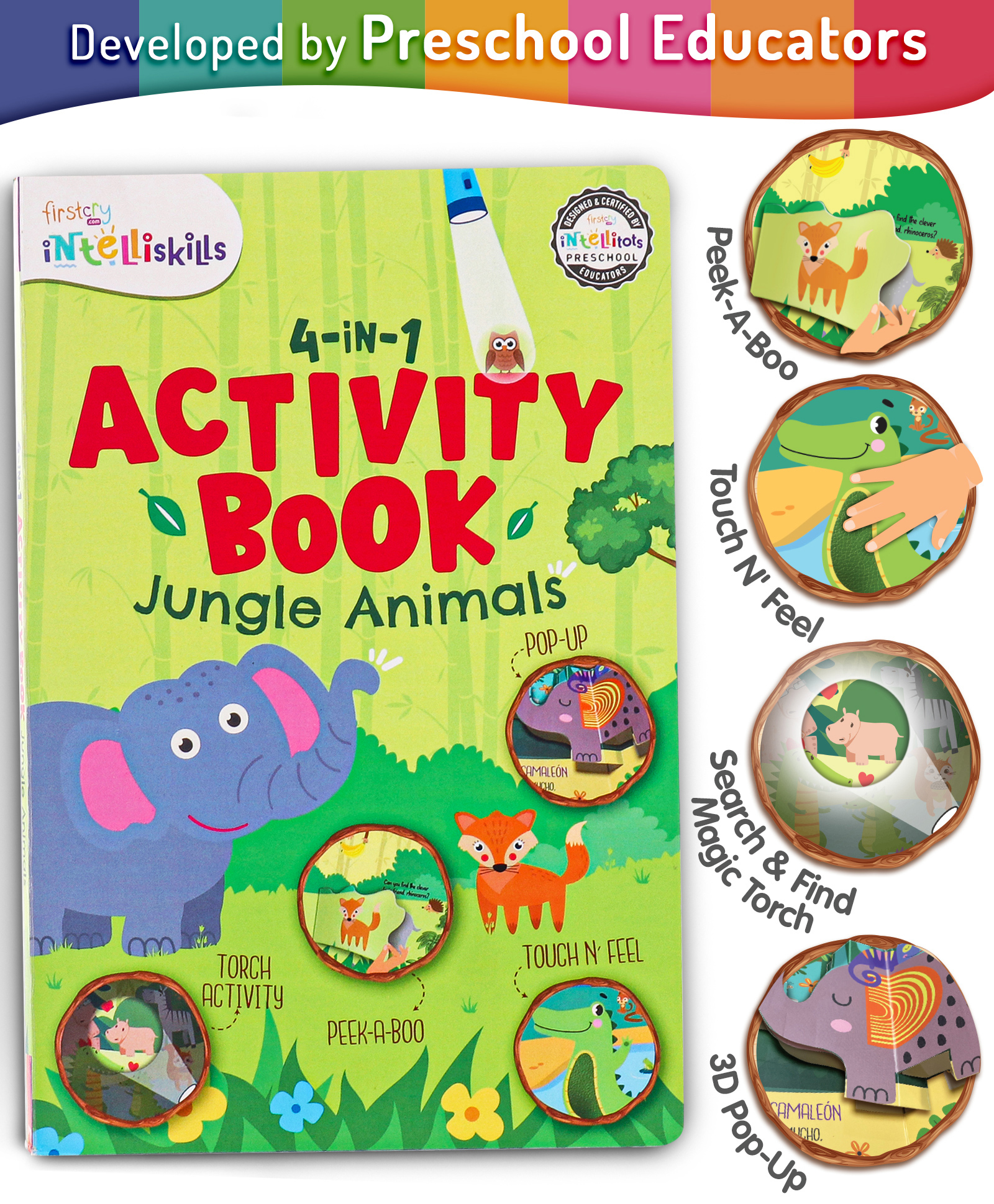 Intelliskills 4-in-1 Activity Book - Jungle Animals | Peek-A-Boo, Pop-Up, Magic Torch, Touch & Feel | Interactive Learning | Boosts Cognitive Skills | For Gifting | Educator Recommended-image-10