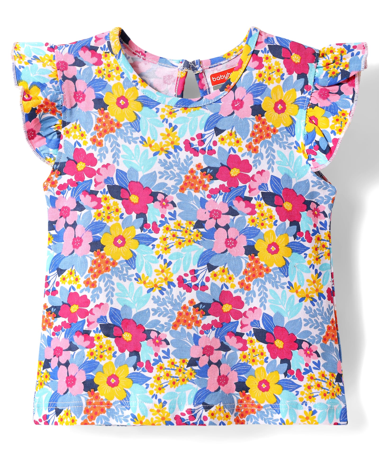 Babyhug Cotton Knit Frill Sleeves T-Shirt with Floral Print - Blue-picture-26