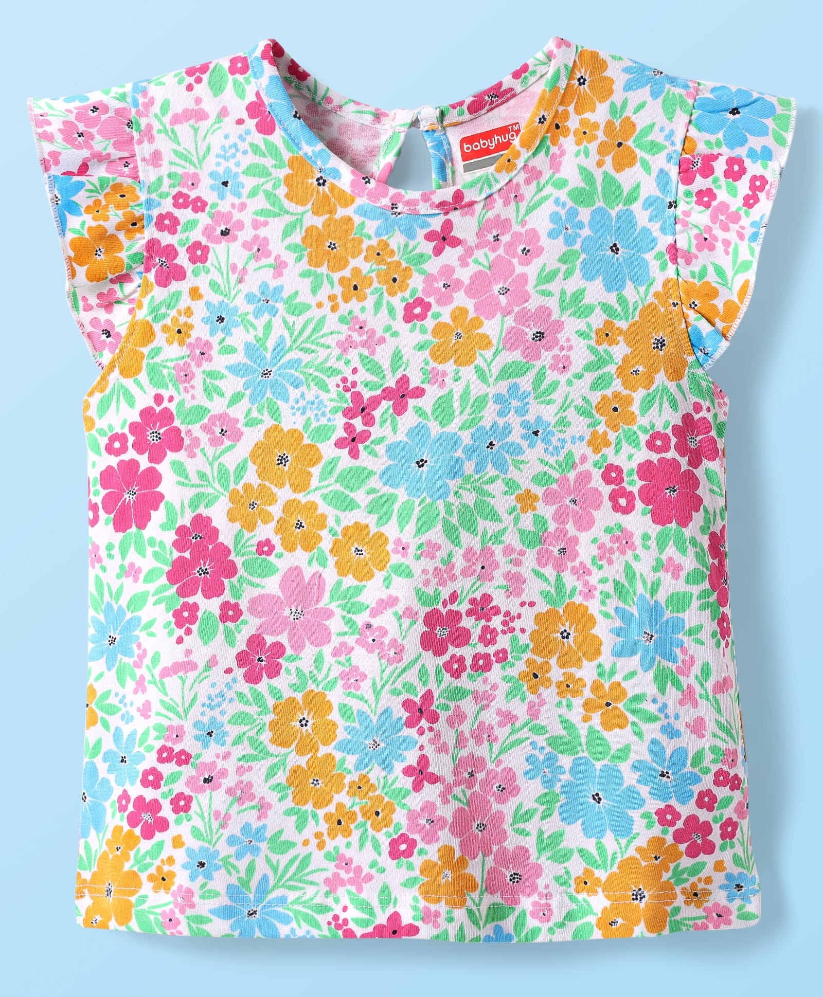 Babyhug Cotton Knit Frill Sleeves T-Shirt with Floral Print - Light Blue-picture-14