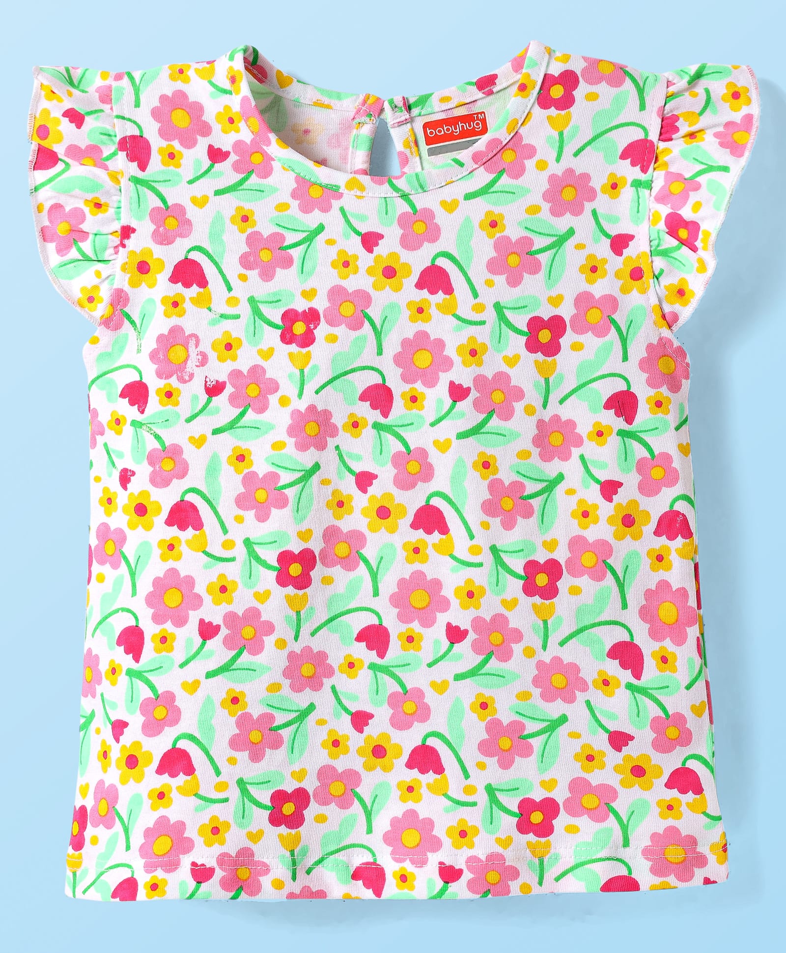 Babyhug Cotton Knit Frill Sleeves T-Shirt with Floral Print - White-picture-19