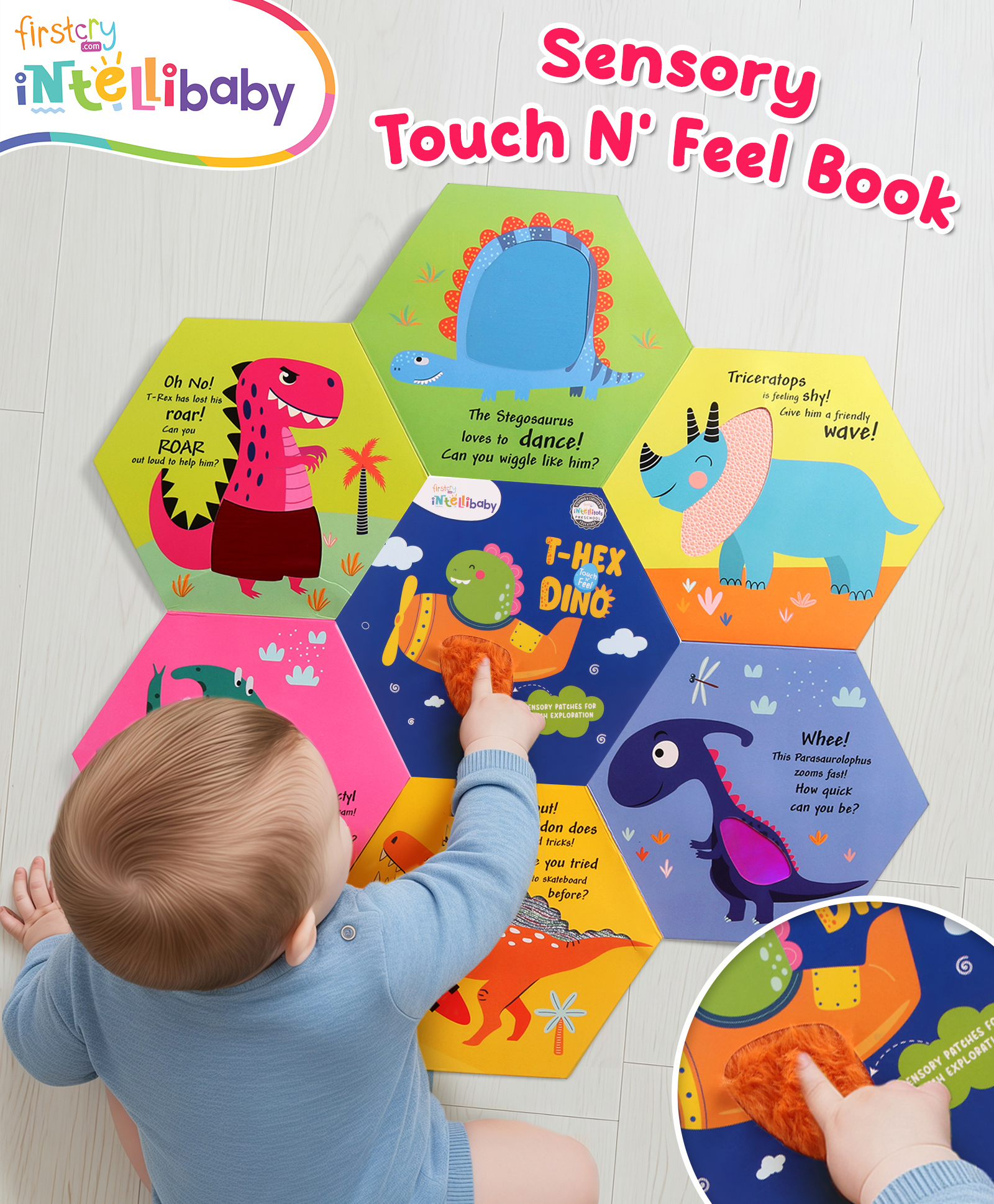 Intellibaby T-Hex Touch N' Feel Dino Story Board Book | Multi-Textured for Sensory Play | Interactive Learning & Tactile Learning | Unique Hexagon Shape | For Gifting | Educator Recommended -English-picture-25