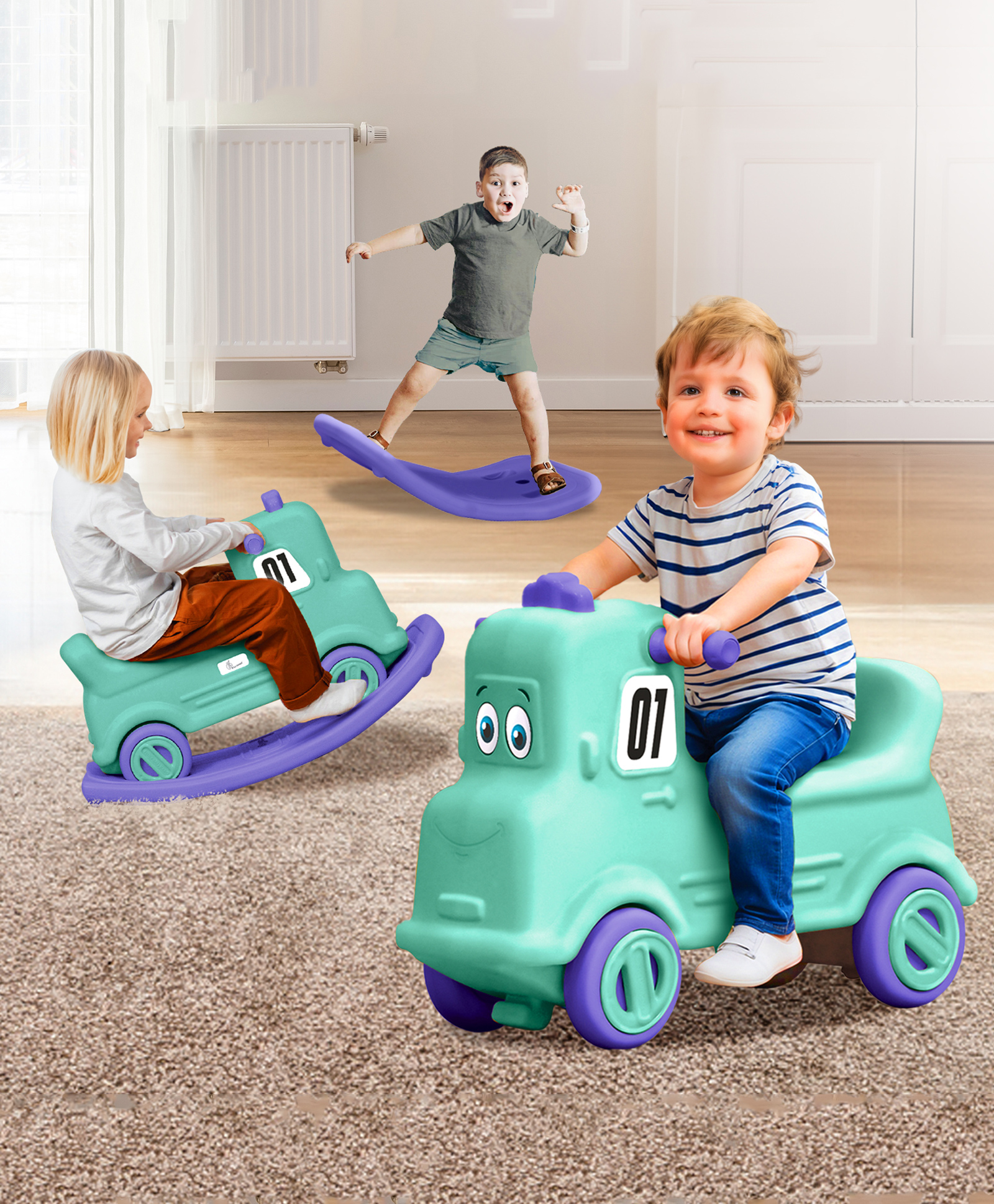 R for Rabbit Rock N Ride 3 in 1 Baby Push Ride-On Car with Rocker & Balancing Board | Non-Toxic Durable and Safe Rocking Horse Rider - Green & Purple