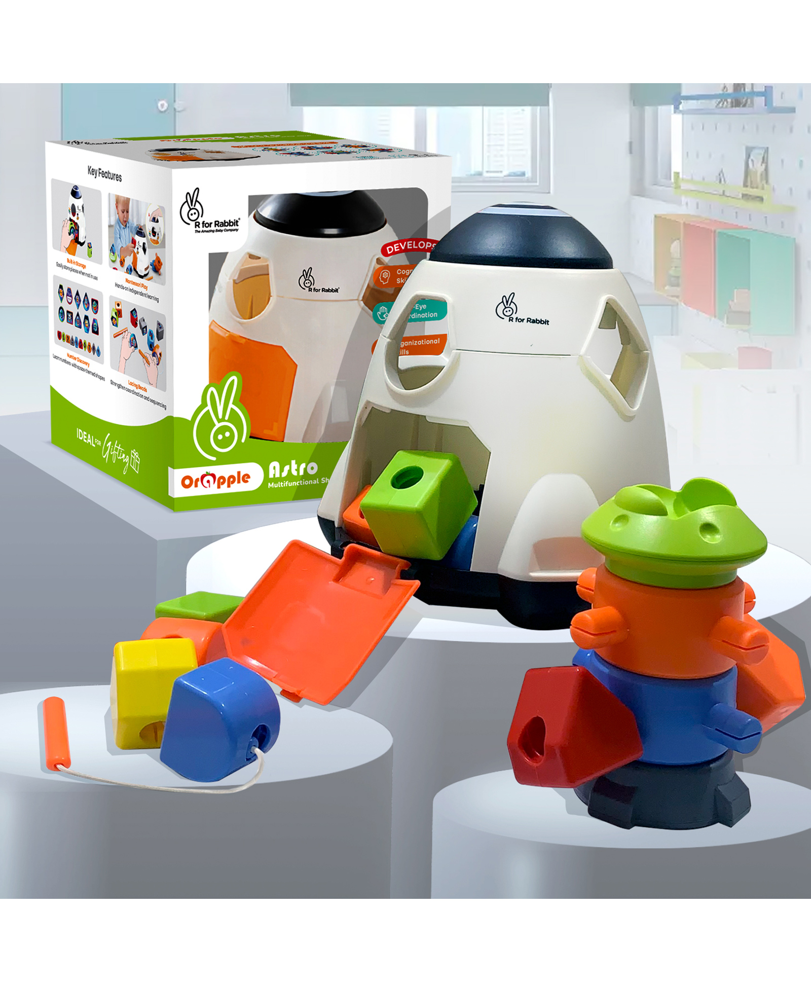 R for Rabbit Orapple Astro Shape Sorter Toy for Babies with Built-in Storage Stacking, Lacing, 3D DIY Blocks & Color Learning | BPA-Free Educational Toys 2+ Years Kids (White Multi)-picture-15