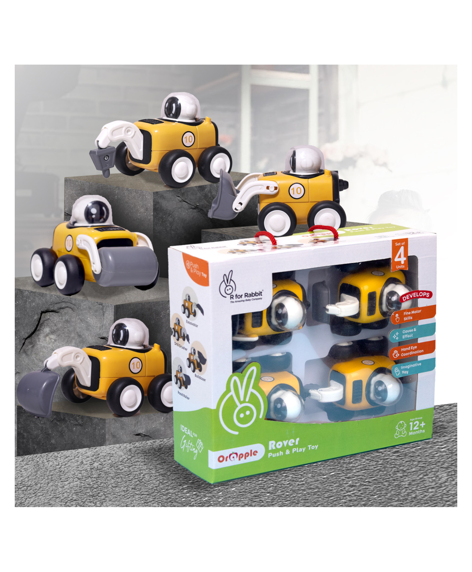 R for Rabbit Orapple Rover Push and Play Mini Construction Vehicle Set for Kids | Non-Toxic BPA Free 4 Pcs Road Roller, Bulldozer, Drill Crusher & Excavator Baby Toy Car Combo (Yellow Black)-picture-6