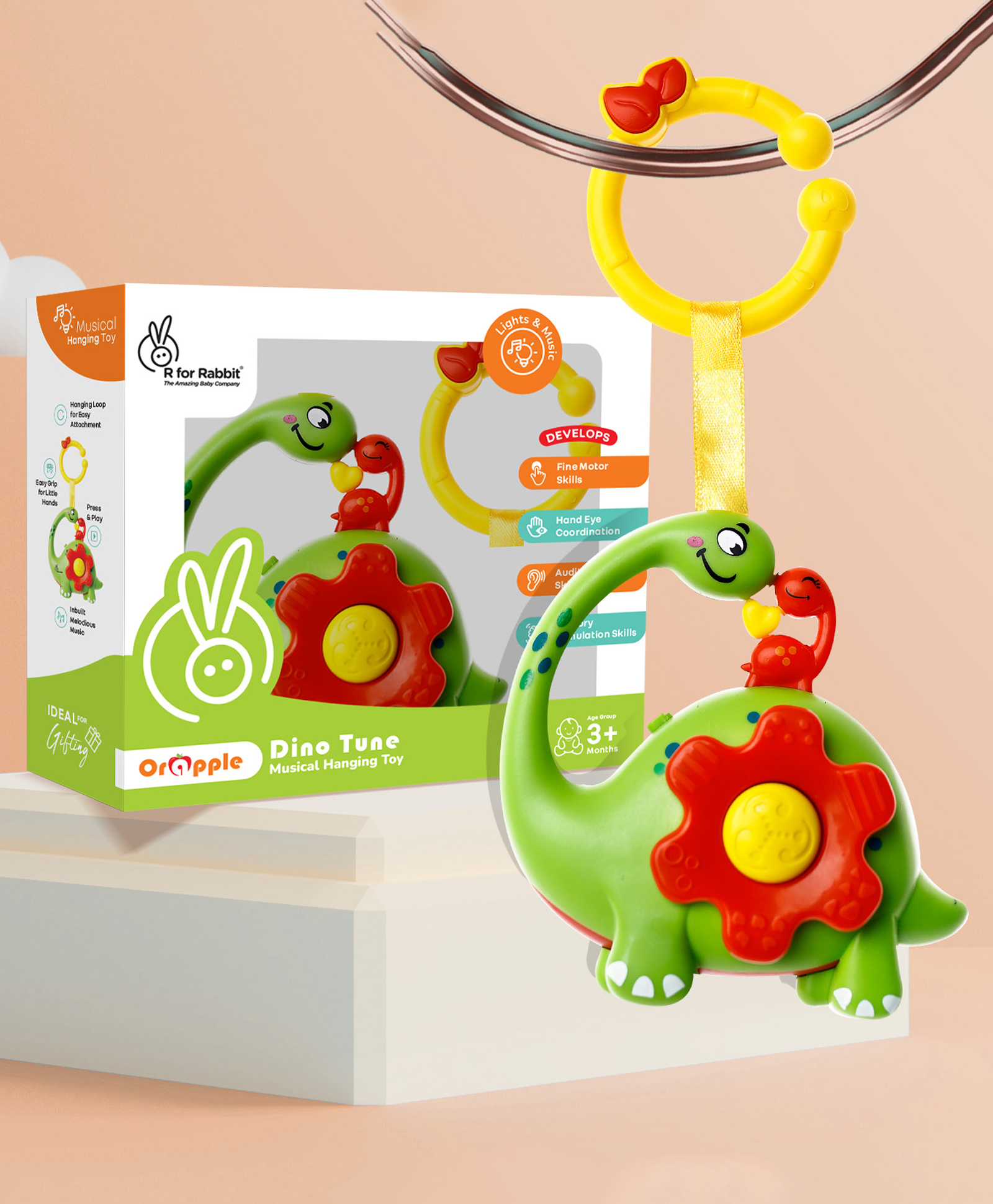 R for Rabbit Orapple Dino Tune Musical Hanging Rattle Toy - Green & Red