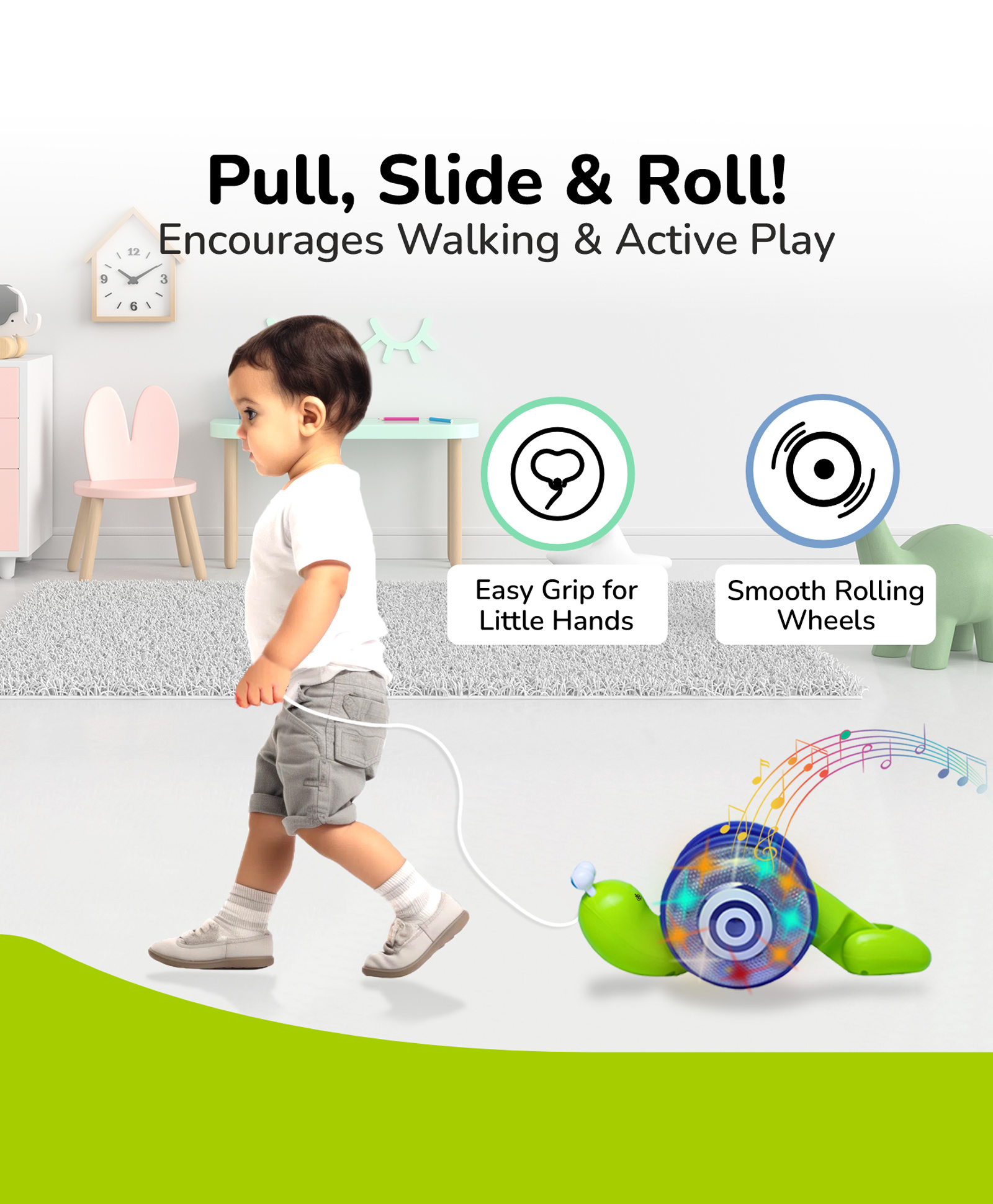 R for Rabbit Snail Tune BPA Free Musical Pull Toy with Lights & Music - Green & Blue-picture-19