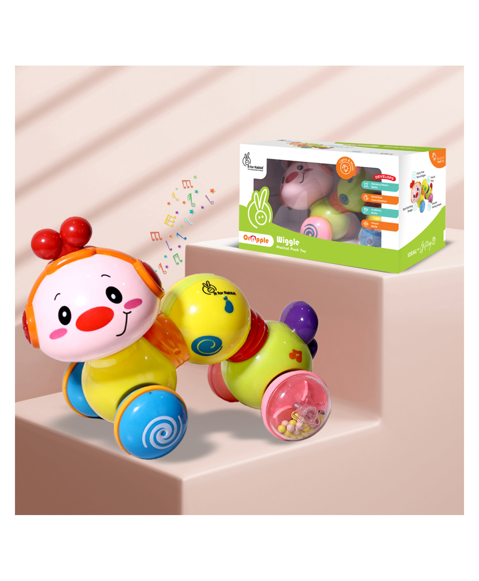 R for Rabbit Orapple Wiggle Colourful Musical Push Toy - Green