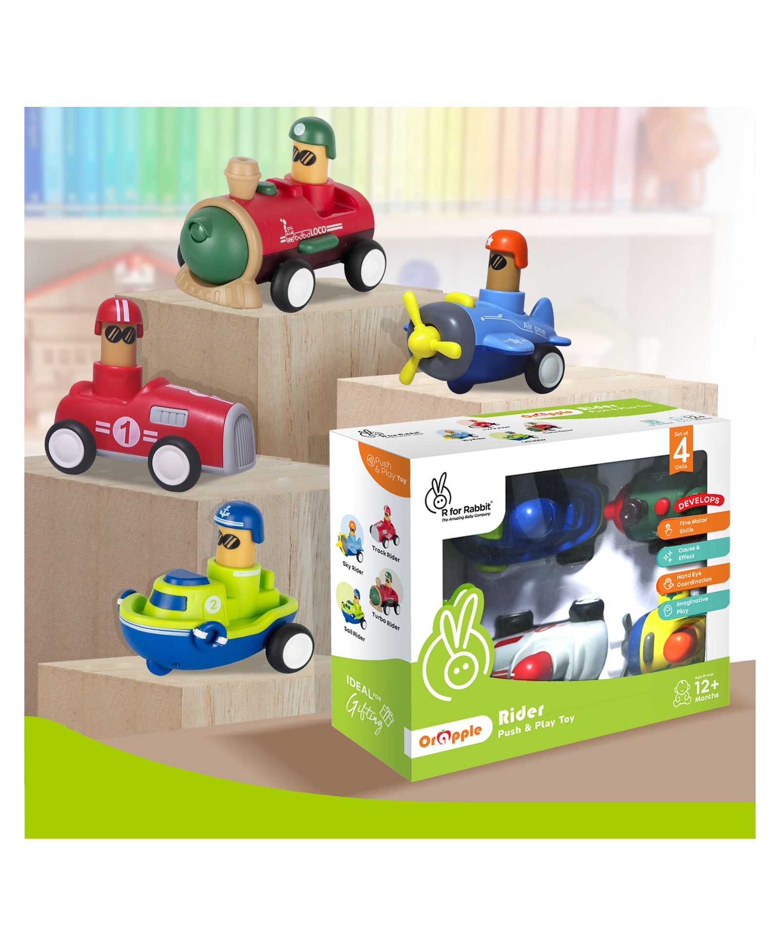 R for Rabbit Orapple Rider Push and Play Mini Toy Car Set for Kids | Non-Toxic BPA Free 4 Pcs Combo of Toy Racing Car, Train, Aero Plane & Speed Boat (Multi 1)