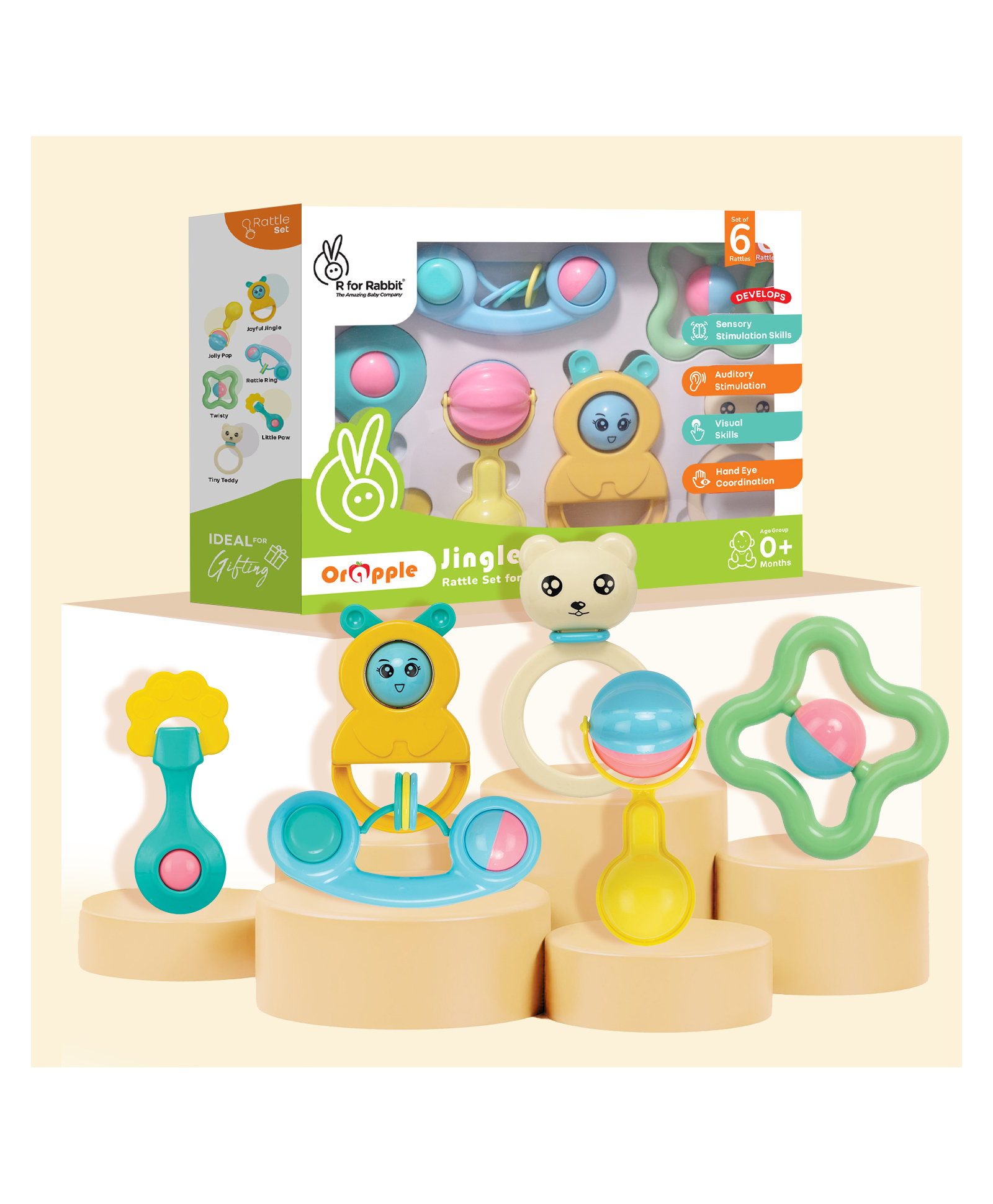 R for Rabbit Orapple Jingle Joy Baby Rattles Set for New Born Babies, Lightweight Non-Toxic BPA Free 6 Pcs Infant Kids Cute Rattle Toy Combo with Injury-Free Round Edges (Multicolor)