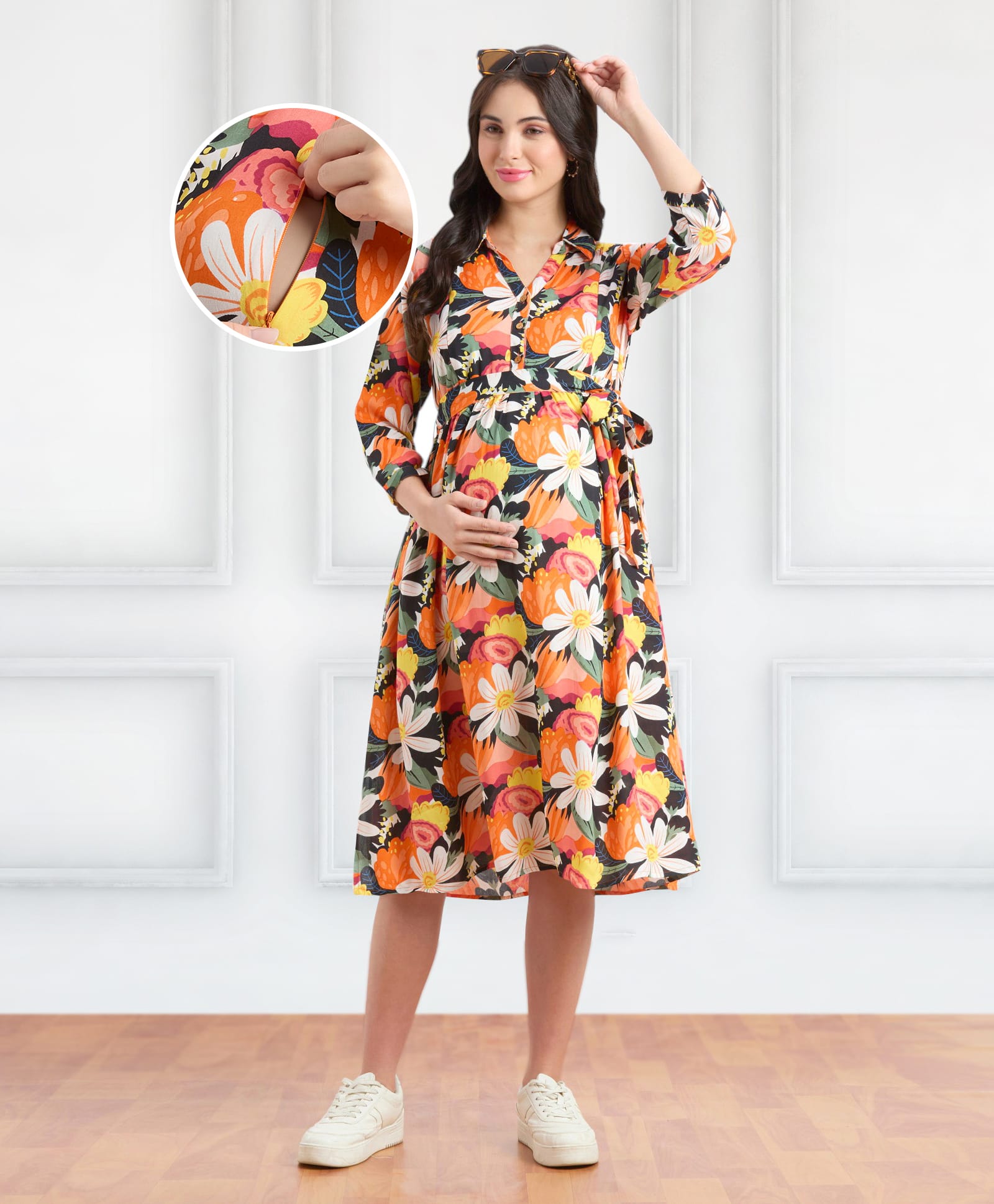 Bella Mama Woven Three Fourth Sleeve Maternity Shirt Dress With Floral Print - Black & Orange-image-42
