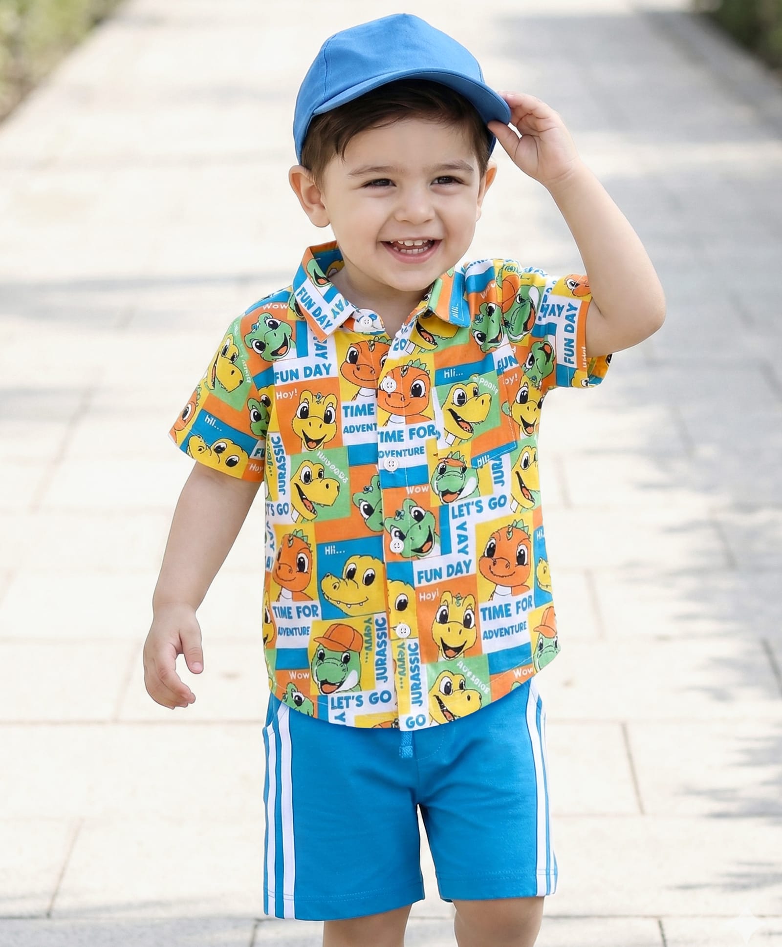 Babyhug Single Jersey Knit Half Sleeves Shirt & Shorts Set Dino Print- White & Blue-image-48