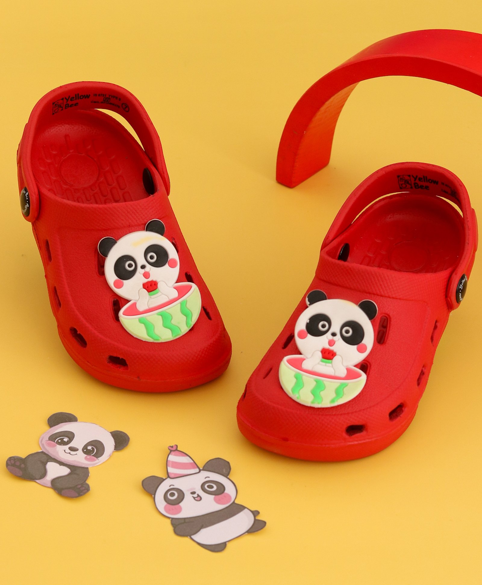 Yellow Bee Panda Applique Detailed Perforated Slingback Clogs - Red-image-29