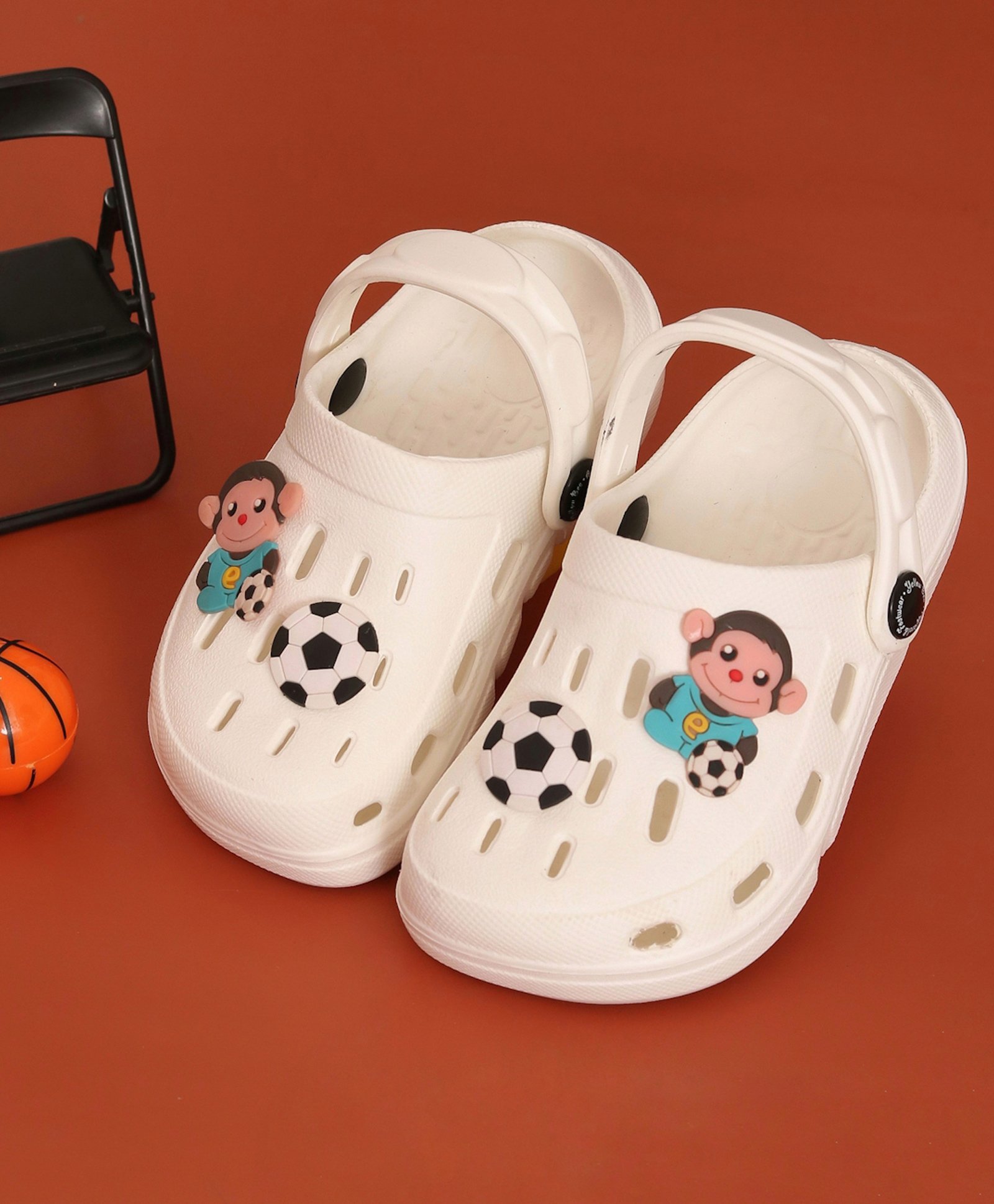 Yellow Bee Monkey & Football Applique Detailed Clogs - White-image-3