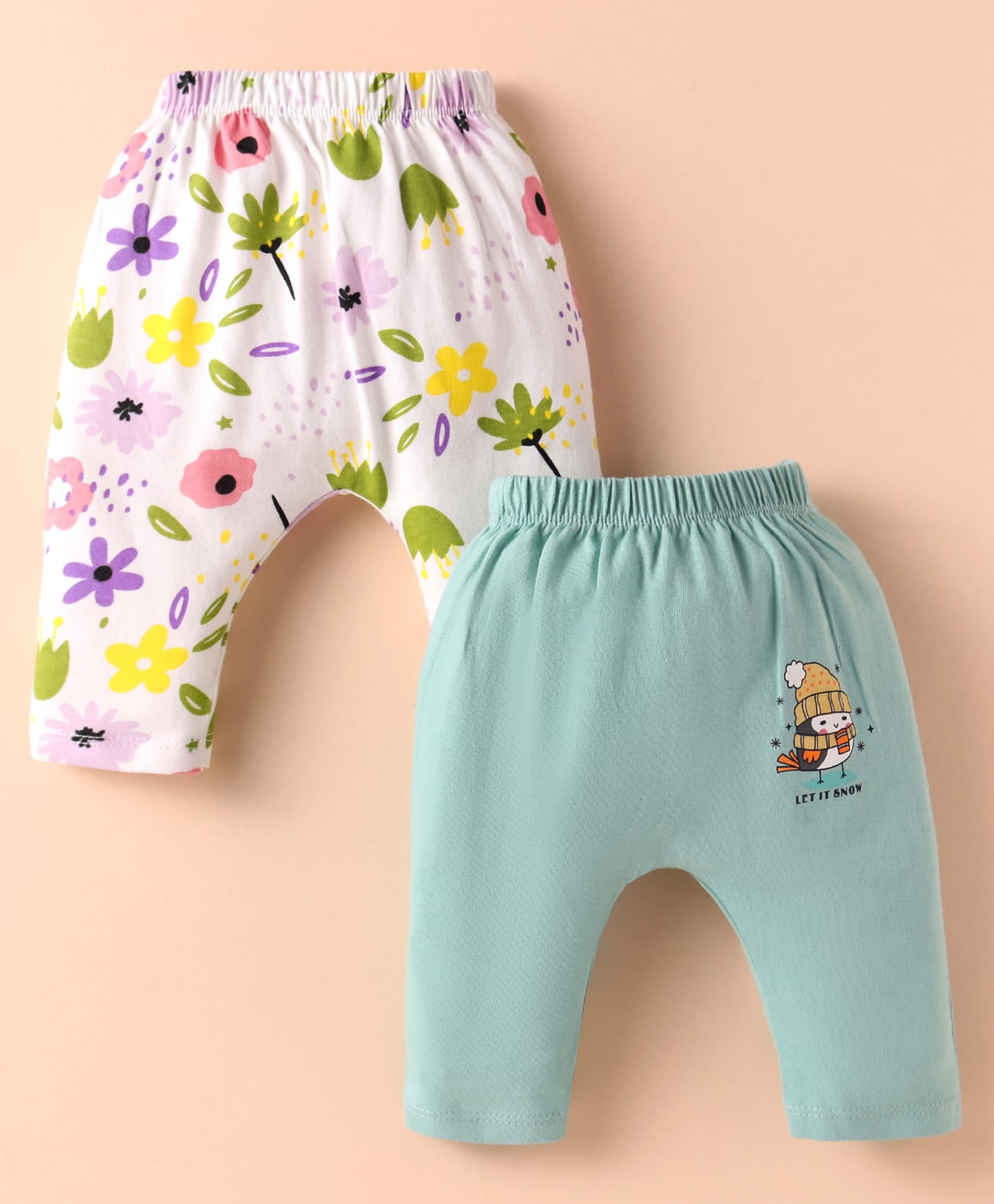 OHMS Single Jersey Knit Full Length Diaper Leggings With Floral Print Pack Of 2 - White & Teal Blue-image-13