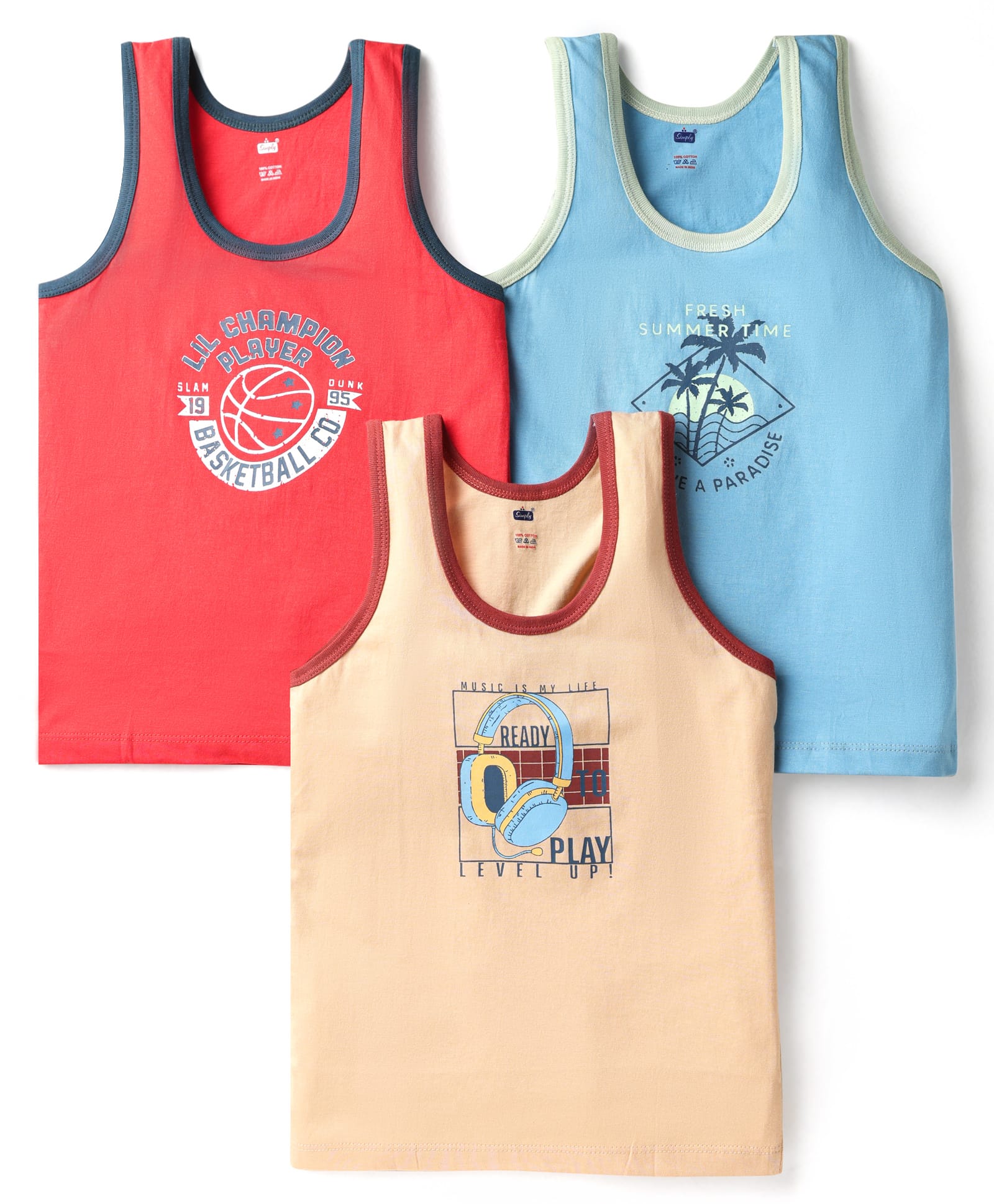 Simply Sinker Knit Sleeveless Vests With Text Print Pack Of 3 - Red Light Blue & Beige-picture-23