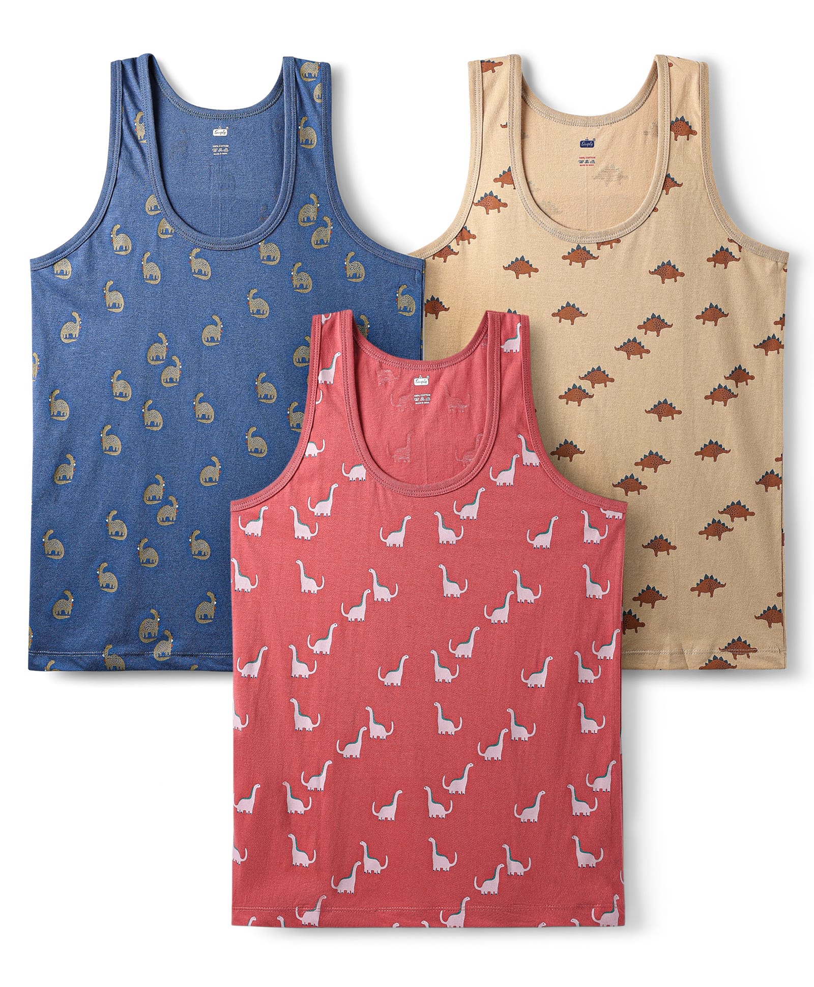 Simply Sinker Knit Sleeveless Vests Dino Print Pack Of 3 - Red Navy Blue & Tan-image-27
