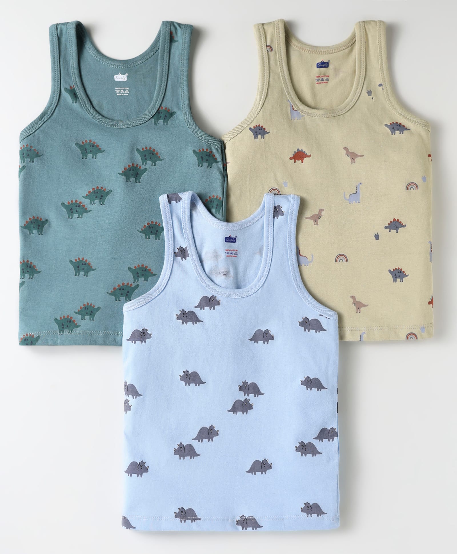 Simply Sinker Knit Sleeveless Vests With Dino Print Pack Of 3 - Light Blue Teal Blue & Tan-image-41