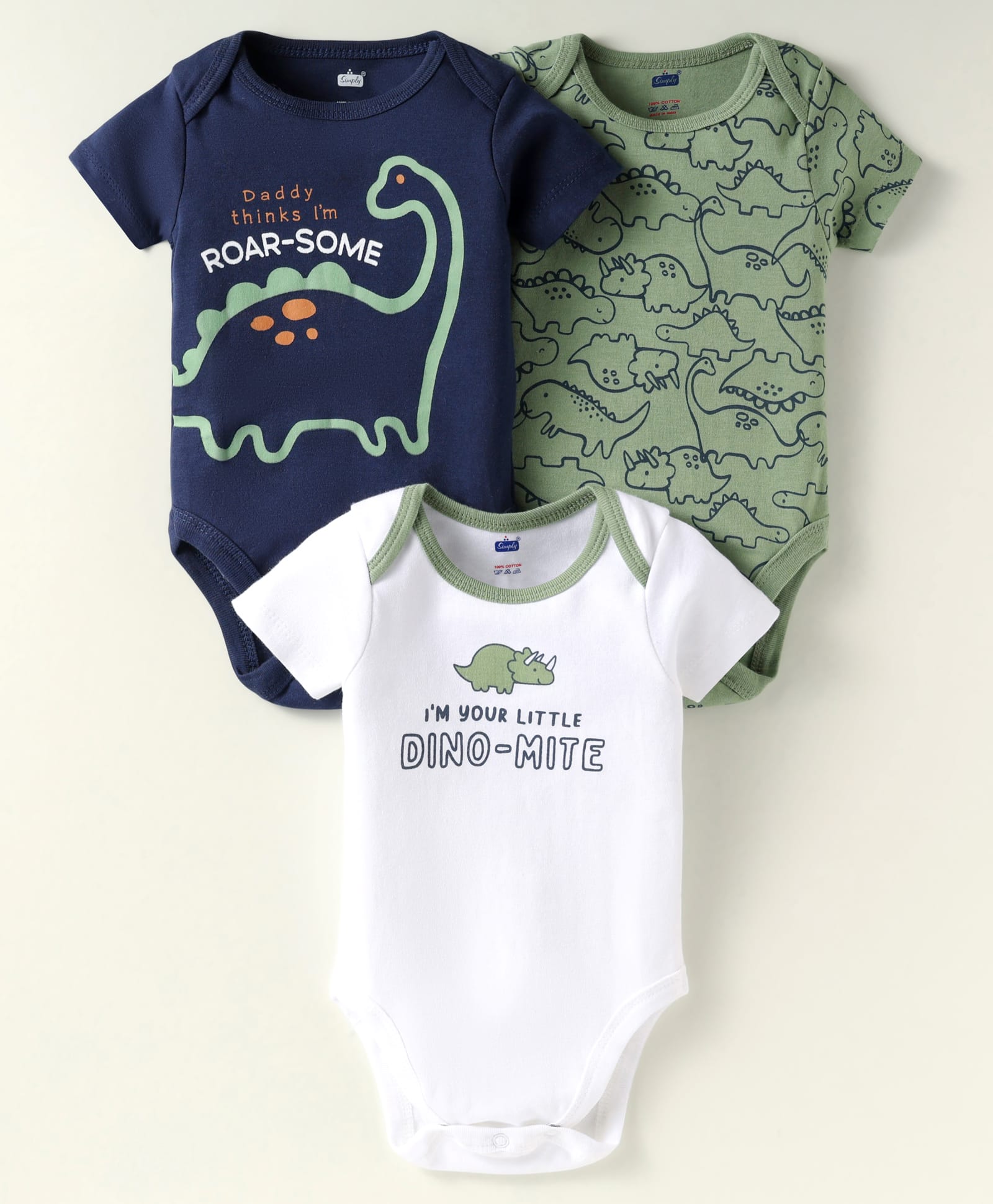 Simply Interlock Knit Half Sleeves Onesies with Dino Print Pack of 3 - White Navy Blue & Green-image-45