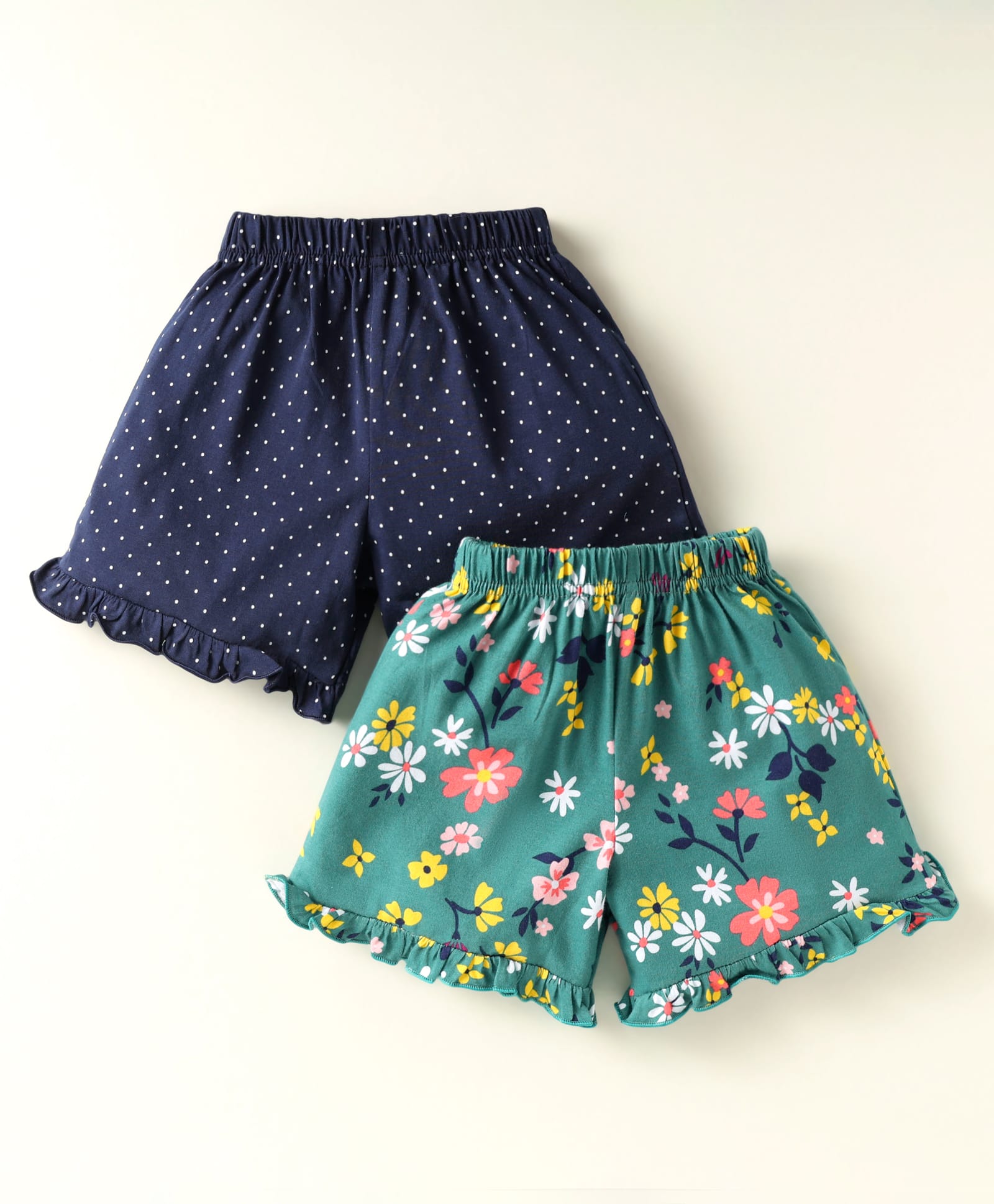Simply Sinker Knit Knee Length Shorts With Polka Dots & Floral Print with Frill Detailing Pack Of 2 - Navy Blue & Teal Blue-image-42