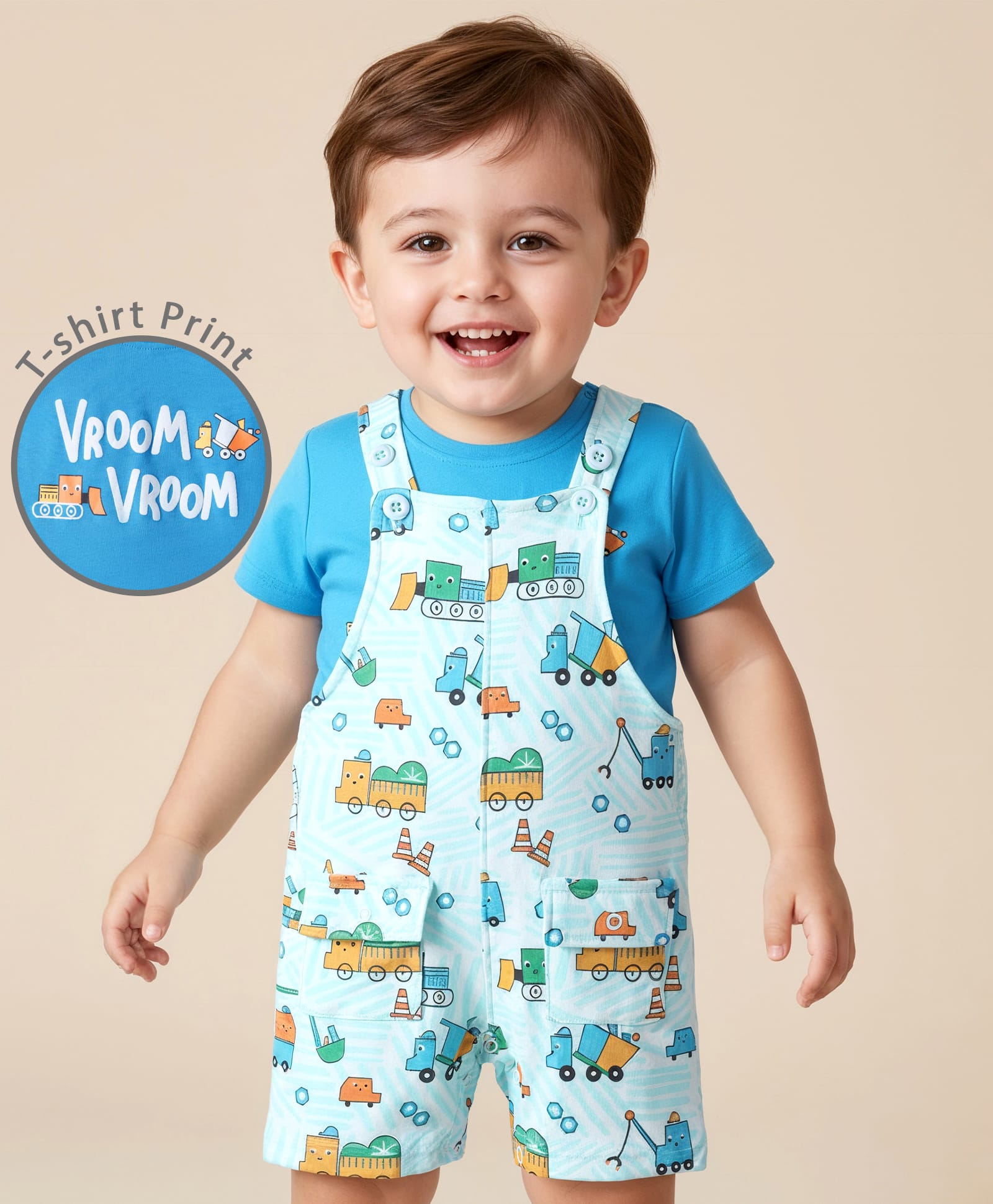 Babyoye 100% Cotton Interlock Knit Vehicle Printed Dungaree & Half Sleeves Inner Tee With Eco Jiva Finish - Blue