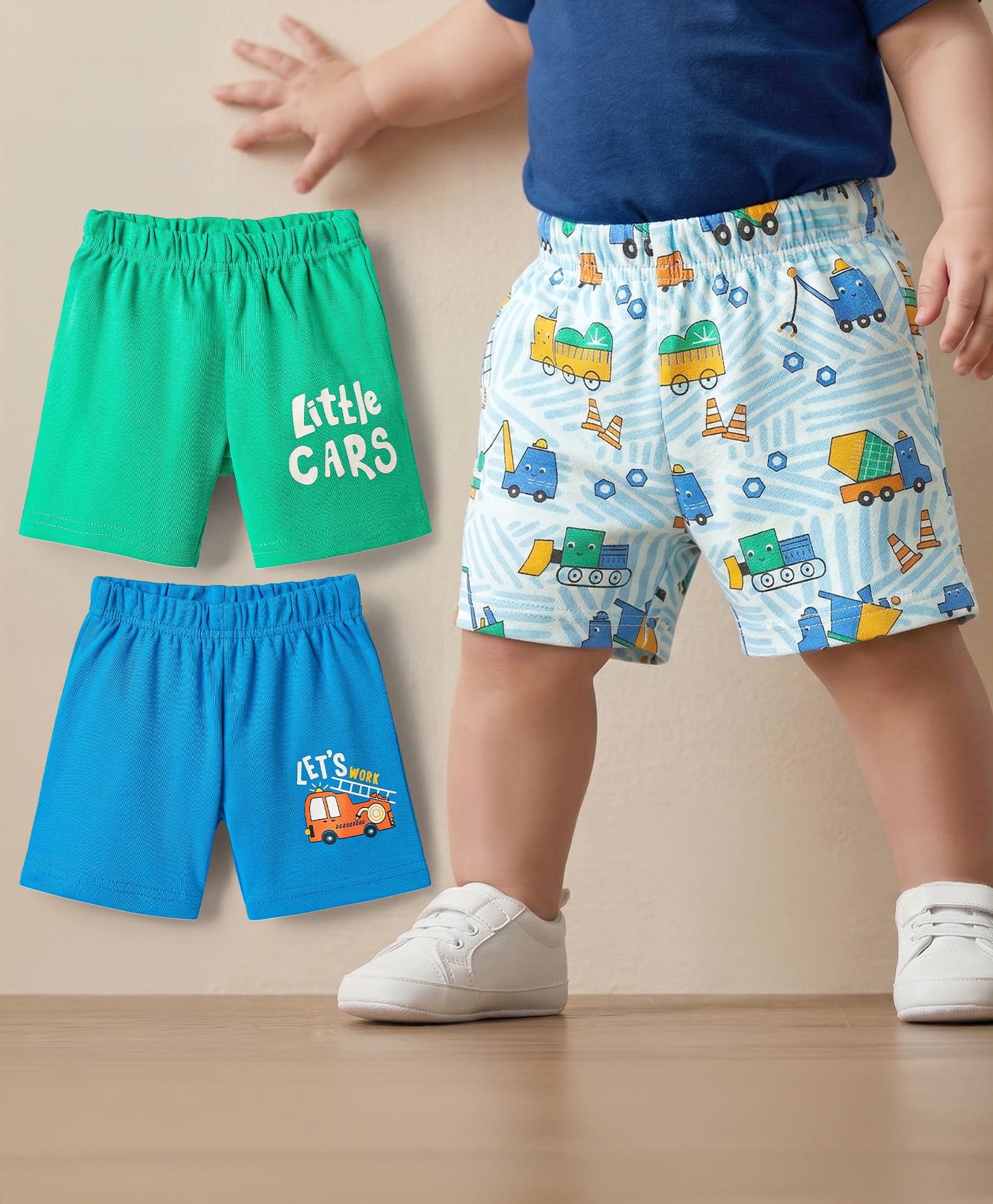 Babyoye 100% Cotton Interlock Knit Shorts With Eco Jiva Finish & Vehicle Print Pack Of 3 - Green Blue & Light Blue-picture-11