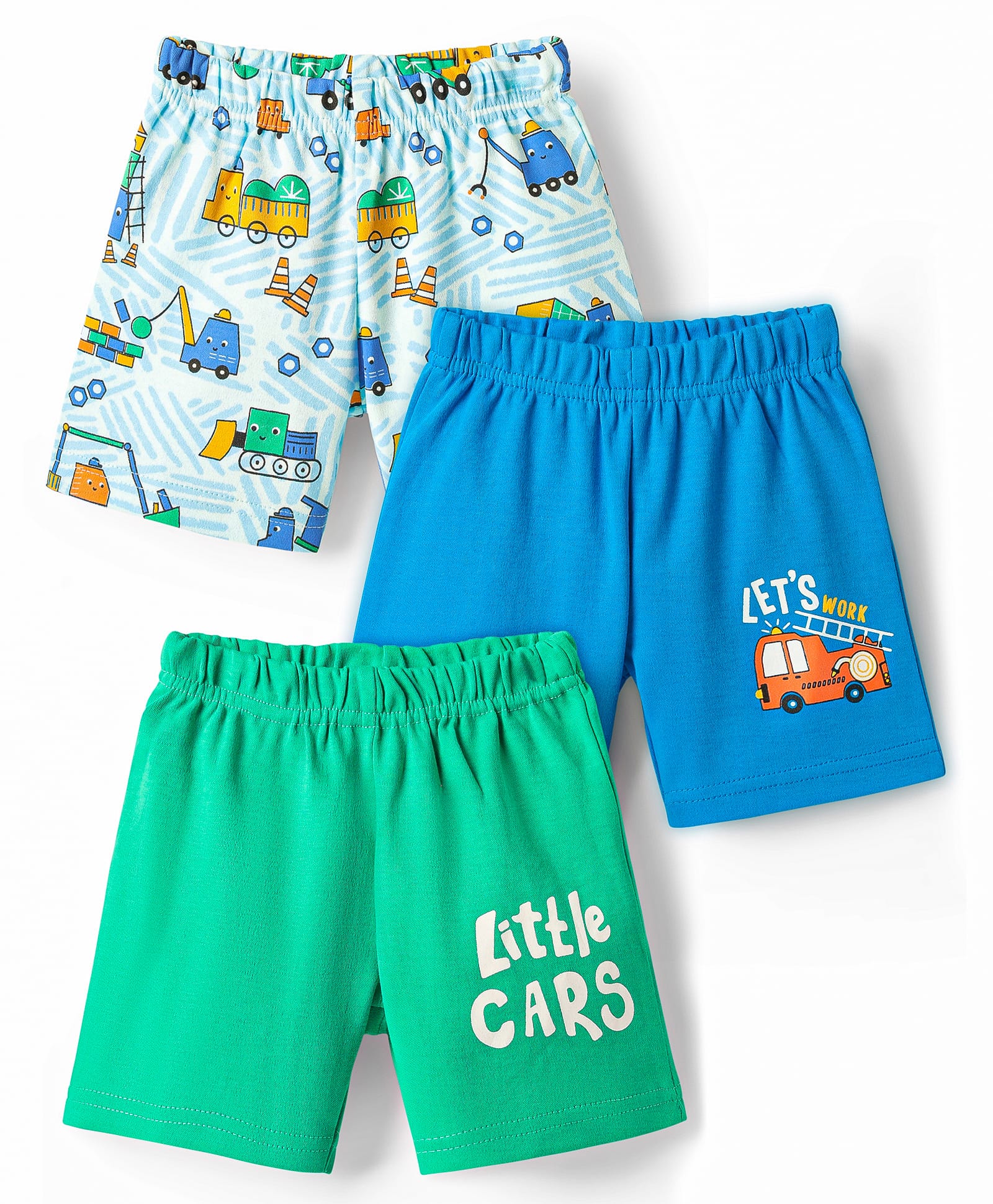Babyoye 100% Cotton Interlock Knit Shorts With Eco Jiva Finish & Vehicle Print Pack Of 3 - Green Blue & Light Blue
