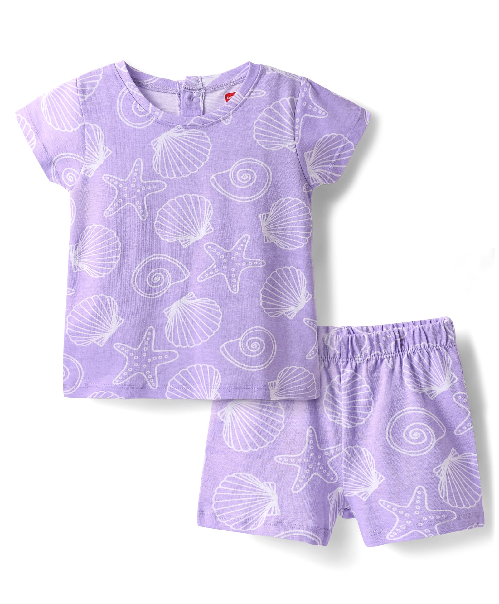 Babyhug Cotton Knit Half Sleeves Co-ords Shorts Night Suit with Sea Life Print - Lavender-image-11