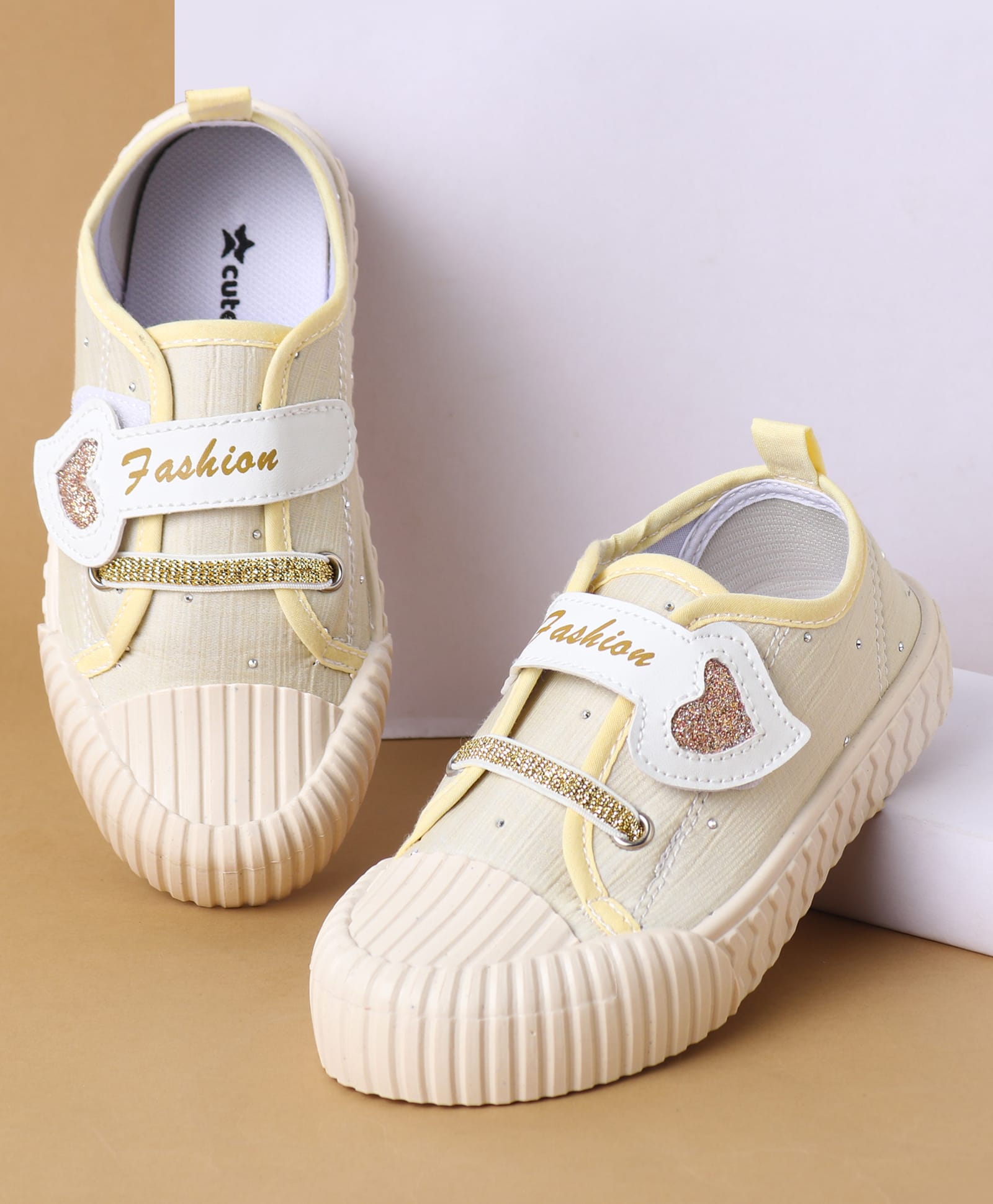 Cute Walk by Babyhug Velcro Closure Casual Shoes with Heart Sequin Detailing - Light Yellow-picture-19