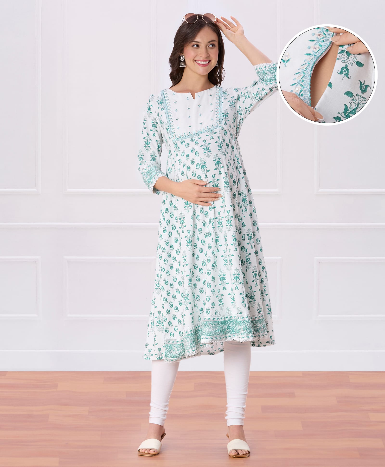 Bella Mama Woven Three Fourth Sleeves Maternity Kurta with Woven Border Print With Contrast Yoke & Floral Print - White & Mint-image-22