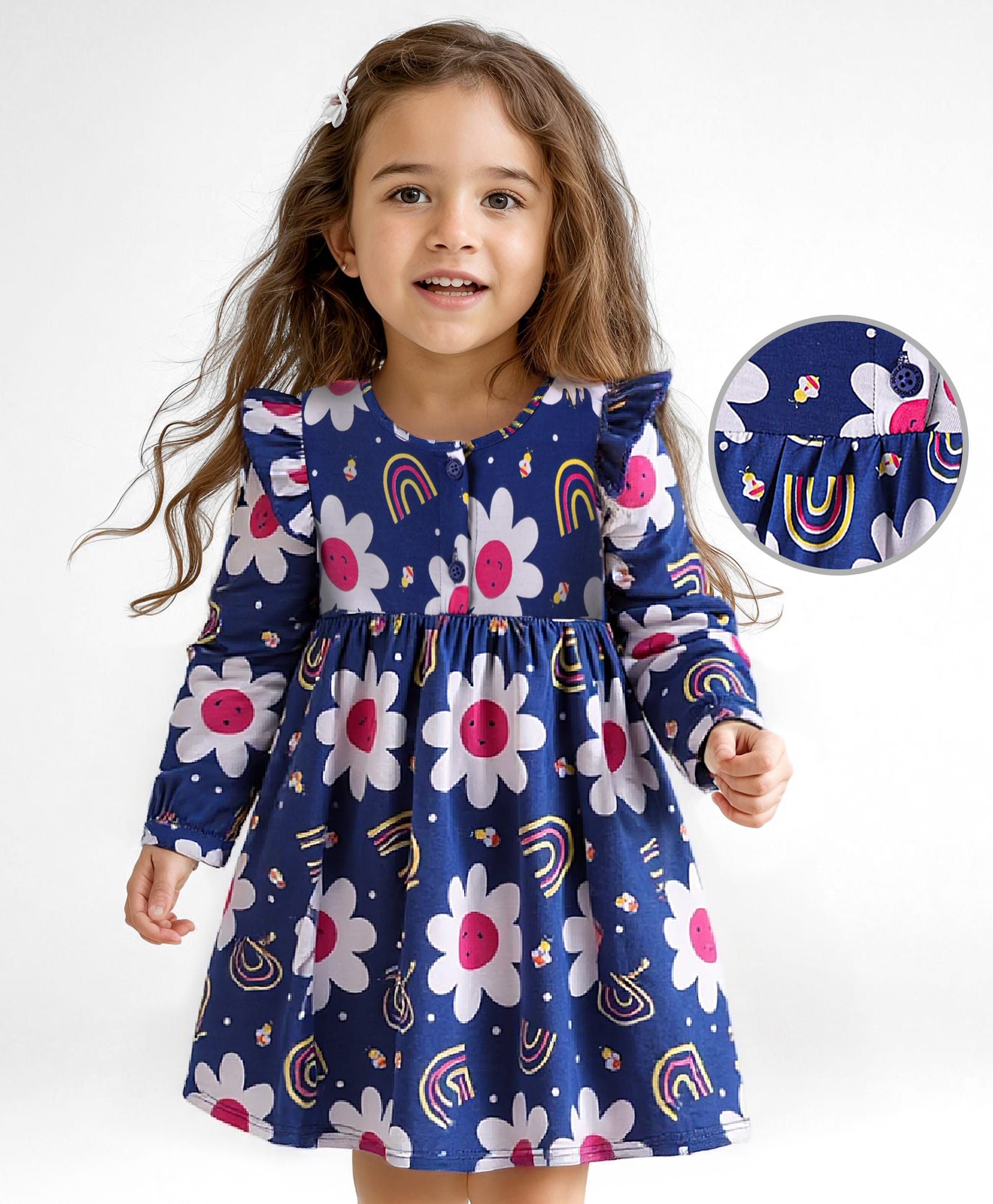 Doodle Poodle Single Jersey Knit Full Sleeves Frock With Floral Print - Navy Blue-picture-22