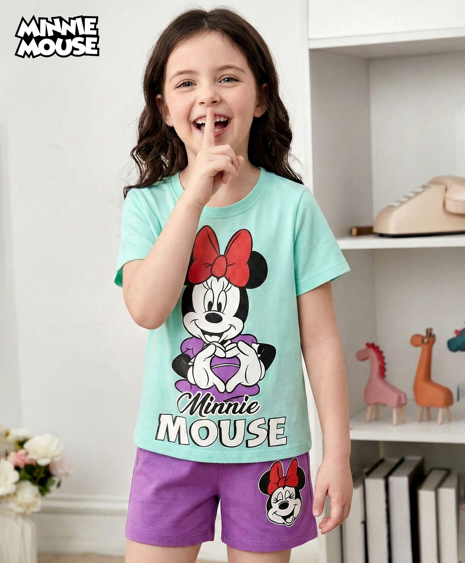 HoneyHap Disney Single Jersey Knit Half Sleeves Shorts Night Suit with Minnie Mouse Family Graphics - Light Blue & Purple-image-15