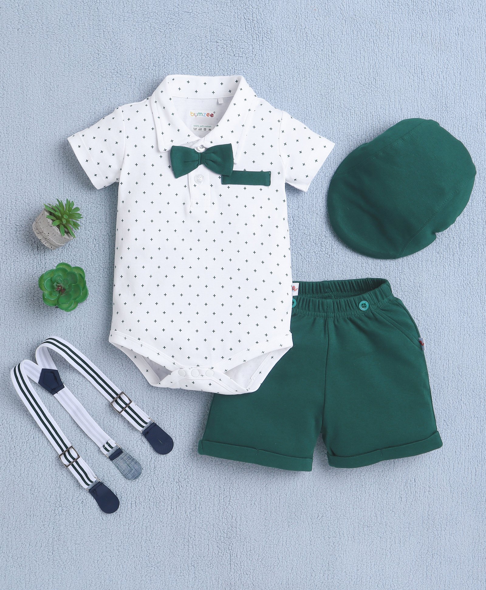 BUMZEE Cotton Knit Half Sleeves Stars Printed Onesie & Short Set with Suspender Bow & Hat - White & Green-image-7